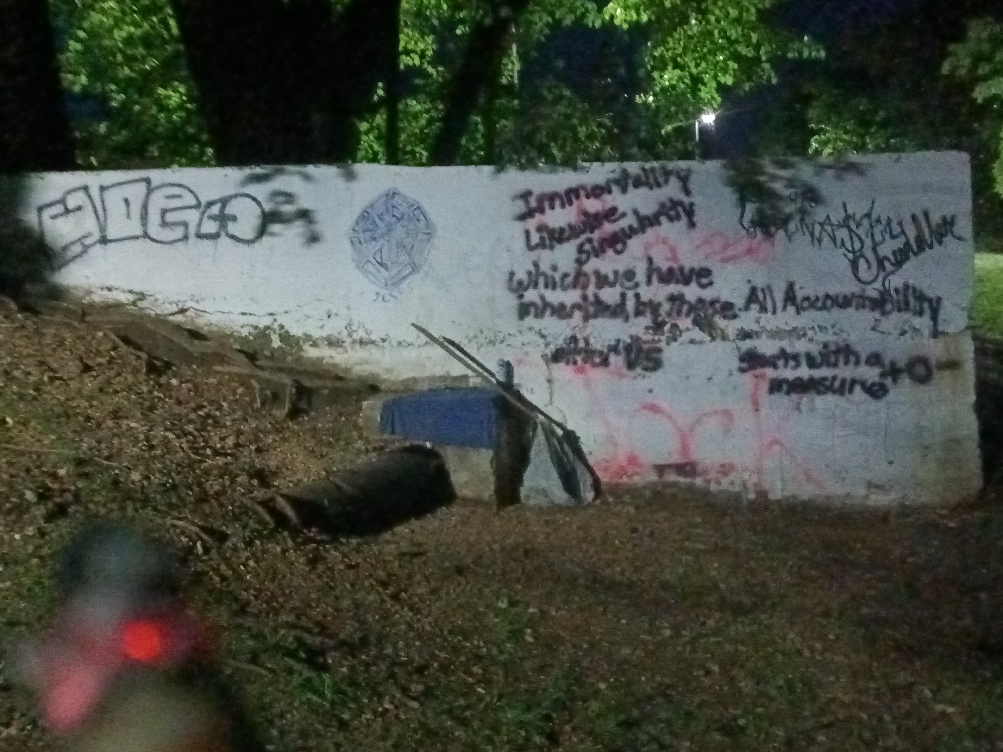 An outdoor, low-light photograph taken in Tahlequah, United States of America, depicts a large concrete retaining wall covered in graffiti. The time of day appears to be dusk or night, with visible light sources in the distant background suggesting artificial lighting. Lush green foliage and tree trunks are visible above the wall and in the background, contrasting with the dirt and grass-covered ground in the foreground and at the base of the wall.
Leaning against the wall at ground level is a rudimentary, makeshift shelter constructed from a blue tarp and white fabric, supported by several sticks or poles. A dark, possibly rolled-up object lies on the ground near this shelter. In the immediate blurry foreground, a red-glowing object is partially visible.
The concrete wall is extensively graffitied. On the far left, in large block letters, the word "AIGO" is spray-painted in black. Towards the center, there is a complex, circular design. To the right of this design, a multi-line message in black spray paint reads:
"Immortality"
"Likewise"
"Singularity"
"which we have"
"inherited by those. After US."
Further to the right, another message, also in black spray paint, states:
"All Accountability"
"starts with a +0-"
"measure"
Above this text, additional illegible tag-style graffiti is present. There are also several red spray paint marks and splatters visible on the lower portion of the wall.