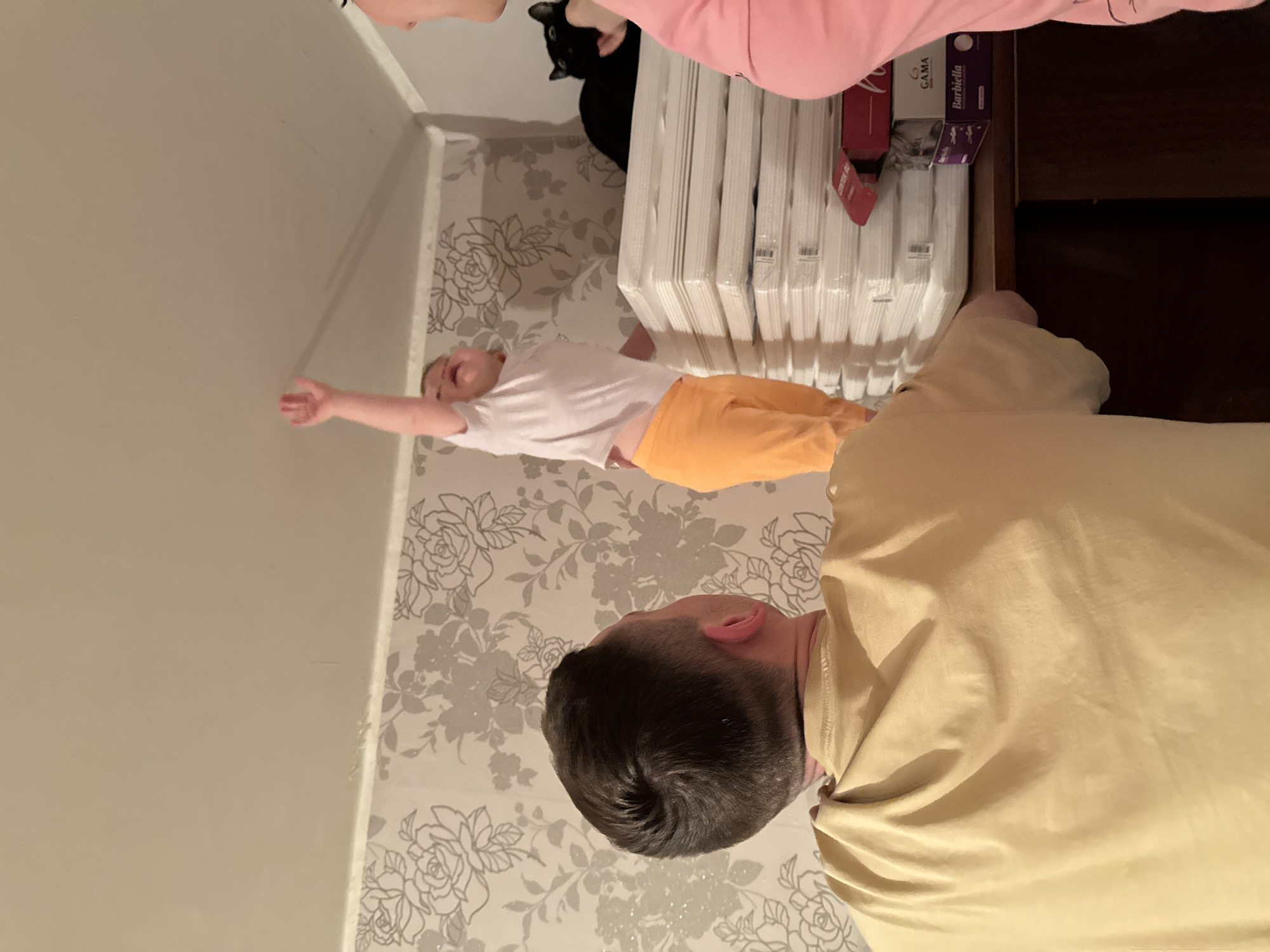 The image shows an indoor scene against a wallpapered wall with a floral pattern. A child, dressed in a white shirt and orange pants, is extending their arm towards the upper left of the frame. A black cat is visible behind the child. A stack of wrapped canvases and hair styling tools are on a table in the background. In the foreground, a person wearing a tan shirt is looking at the child. The location of Krapivka, Russia is not discernible from the image.