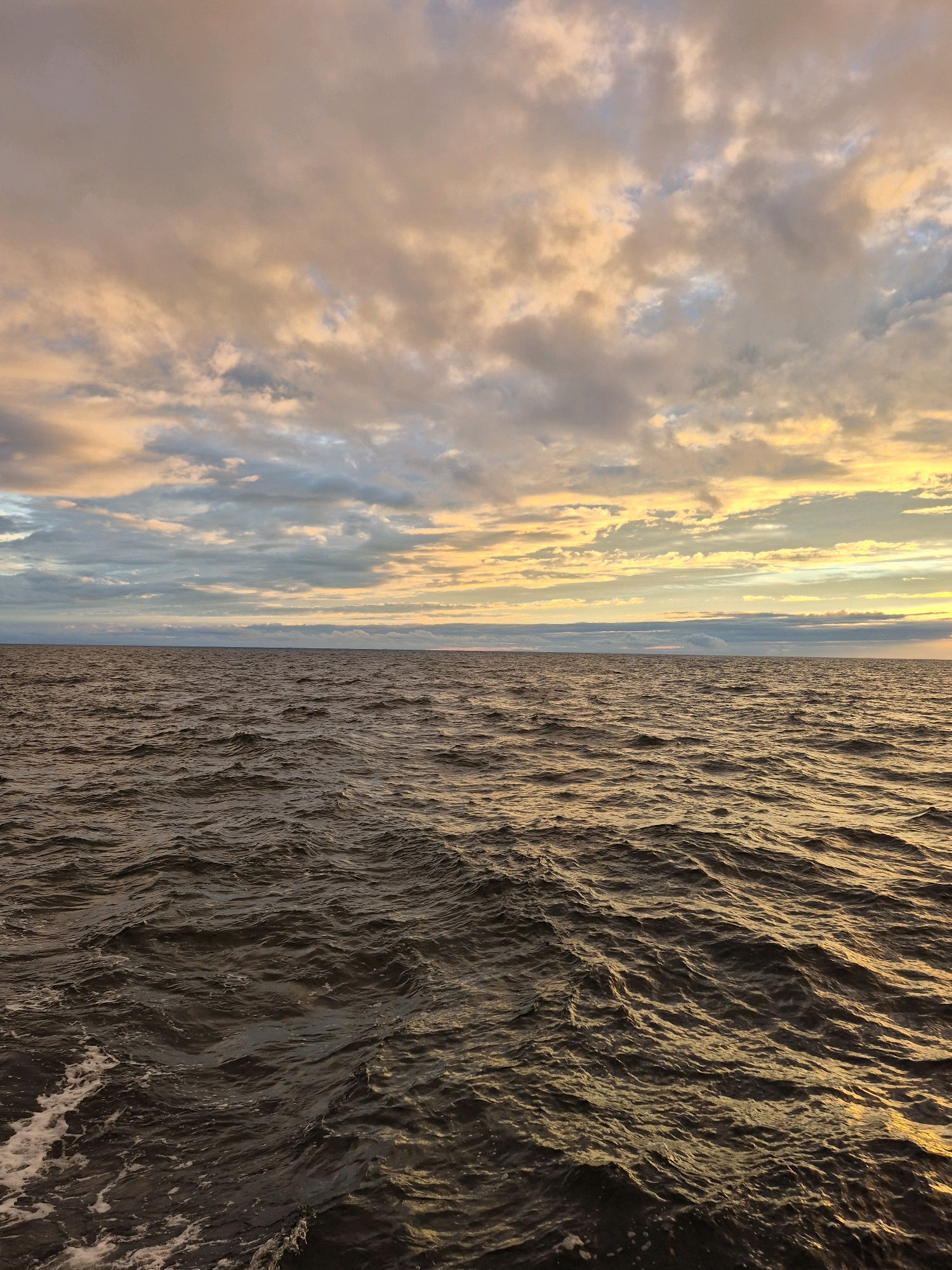 A wide shot captures a turbulent ocean under a dramatic sky. The water is dark and choppy, reflecting the warm hues of the sunset. The sky is filled with a mix of pink, orange, and yellow clouds, with streaks of blue visible. The horizon is clearly defined where the sea meets the sky. The scene appears to be from a boat, with a small amount of white wake visible in the lower left corner. There are no people or man-made structures visible in the image. The location is unknown.