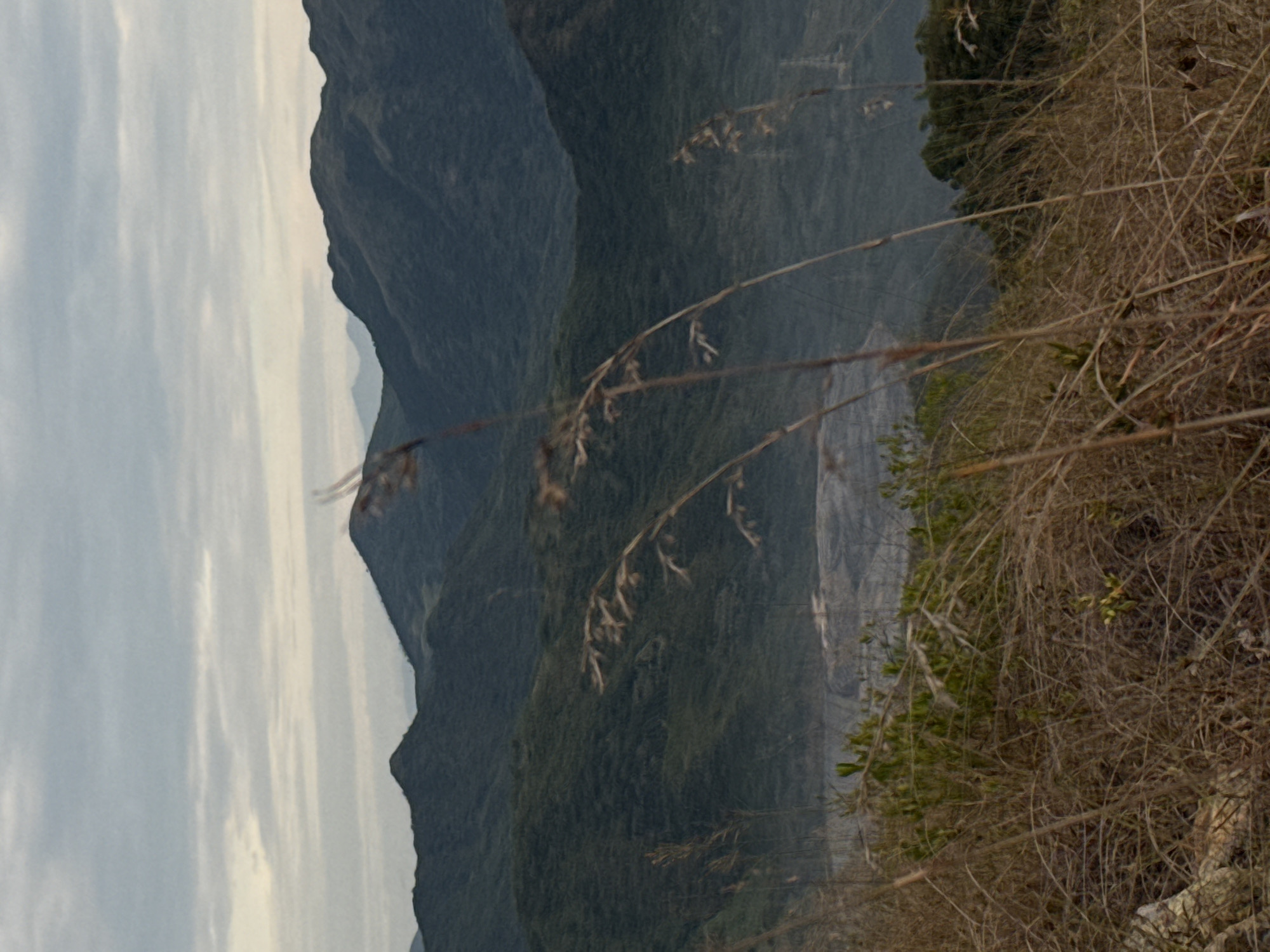 The image depicts a mountainous landscape. The sky on the left side is cloudy, transitioning into a mountain range covered with green vegetation. In the foreground, dry brown grass and plant stalks are visible. In the distance, a body of water or a valley floor can be seen. The image is taken in or near Bac Nha Trang Ward, Vietnam.