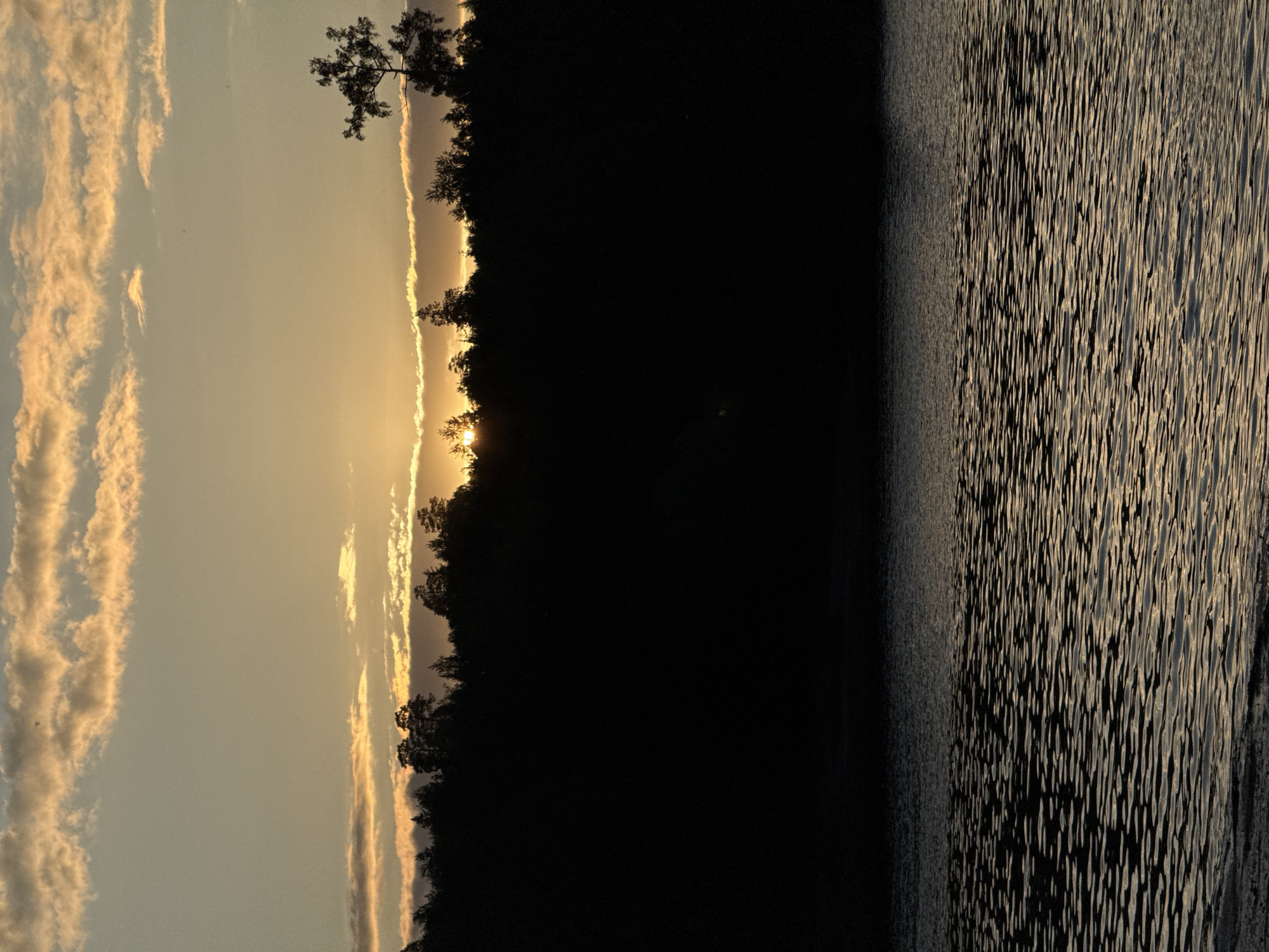 The image depicts a silhouetted forest line against a sky with scattered clouds during sunset. The sun is partially visible, peeking through the trees and casting a warm glow on the clouds. In the foreground, rippling water reflects the warm hues of the sky. There are no people, structures, or animals visible in the image. The scene is likely a natural landscape at dusk, potentially near a body of water.