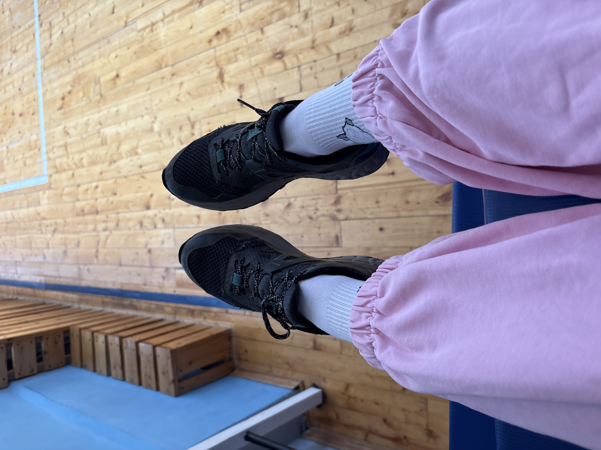 A first-person, downward-angle photograph captures a person's feet and lower legs against the backdrop of an indoor sports facility. The individual is wearing black sneakers with dark green or teal accents on the laces and sides, paired with white ankle socks, one of which features a small black cat's head design. Their legs are clad in light pink sweatpants with elasticated cuffs, gathered just above the shoes.
The footwear rests on a polished wooden floor composed of light-colored planks, marked with a white painted line in the upper left and a blue painted line in the lower background. In the deeper background, a section of blue flooring or mat is visible, supporting several low, slatted wooden structures that resemble benches or training boxes. The scene suggests an indoor environment, likely a gymnasium or sports hall, possibly in Chaikovsky, Russia, given the provided location context. No specific activity is taking place other than the person standing or sitting, looking down. No text is visible on any items, and time of day or emotions cannot be discerned.
