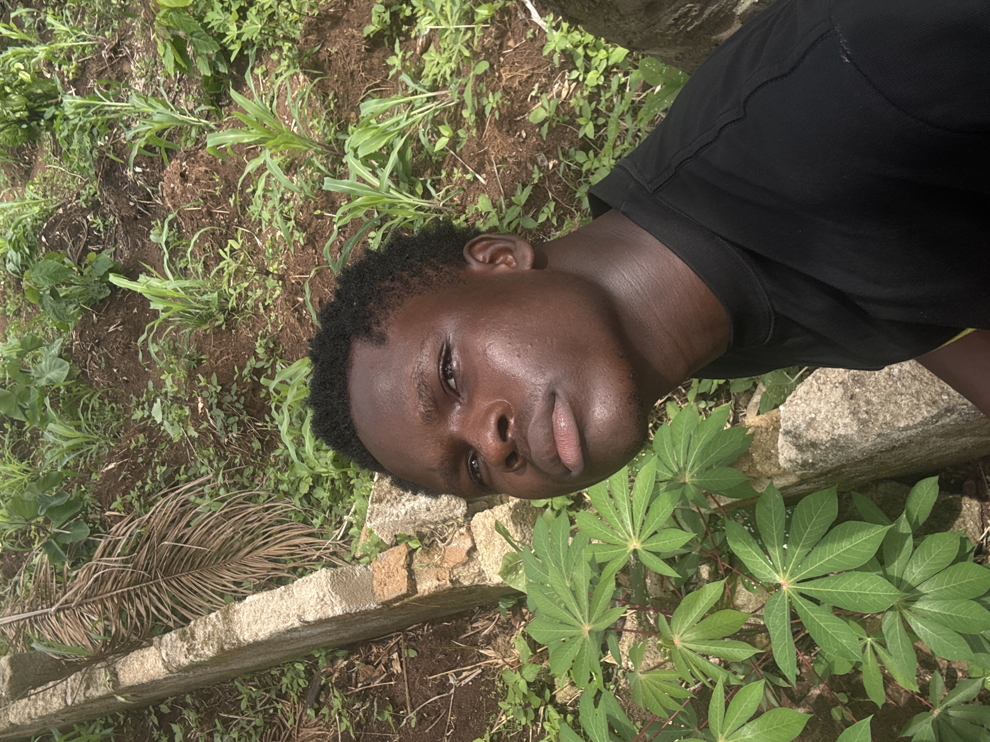 An individual lies on their side in a natural environment. The person has dark skin, short dark hair, and is wearing a dark-colored shirt. They rest against a rough stone or brick structure. The surrounding vegetation consists of various green plants, including some with distinctive, palmate leaves. The ground is a mix of soil and small stones. A brown, dried palm frond rests near the stone structure. The scene appears to be outdoors, with natural lighting. The precise location within the city of Aboh, Nigeria, cannot be determined from the image.