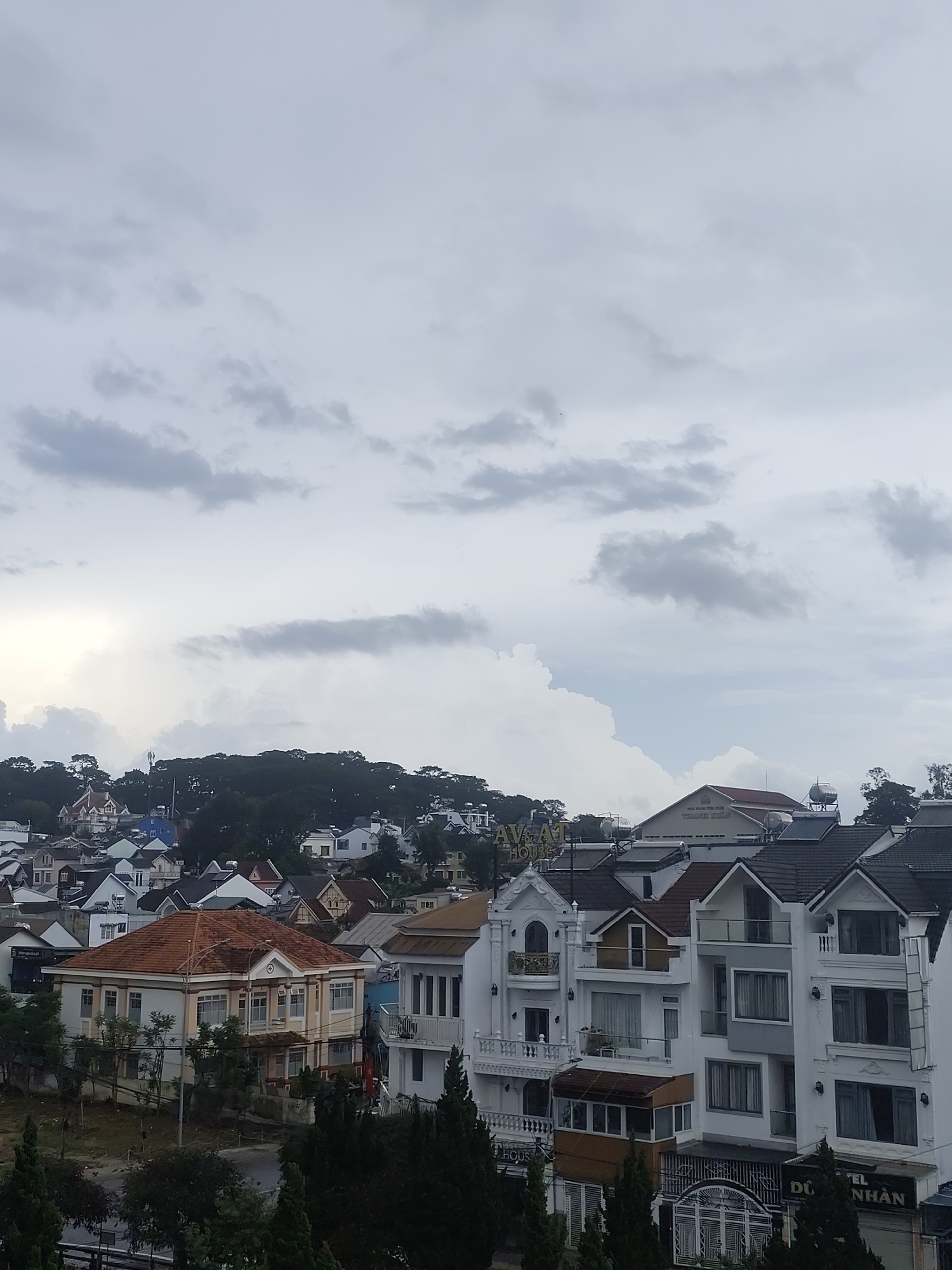 The image shows a daytime view of Da Lat, Vietnam, under a cloudy sky. In the foreground, there's a row of multi-story buildings with varying architectural styles, including white facades, balconies, and tiled roofs. The words "DŨ NHÂN" are visible on one of the buildings. Behind these buildings, there's a lower-lying area with more houses, some with terracotta roofs. A densely wooded hill forms the backdrop to the scene. The foreground includes a road and trees in the lower portion of the image. The image is captured from a slightly elevated viewpoint, providing a panoramic perspective of the urban landscape.