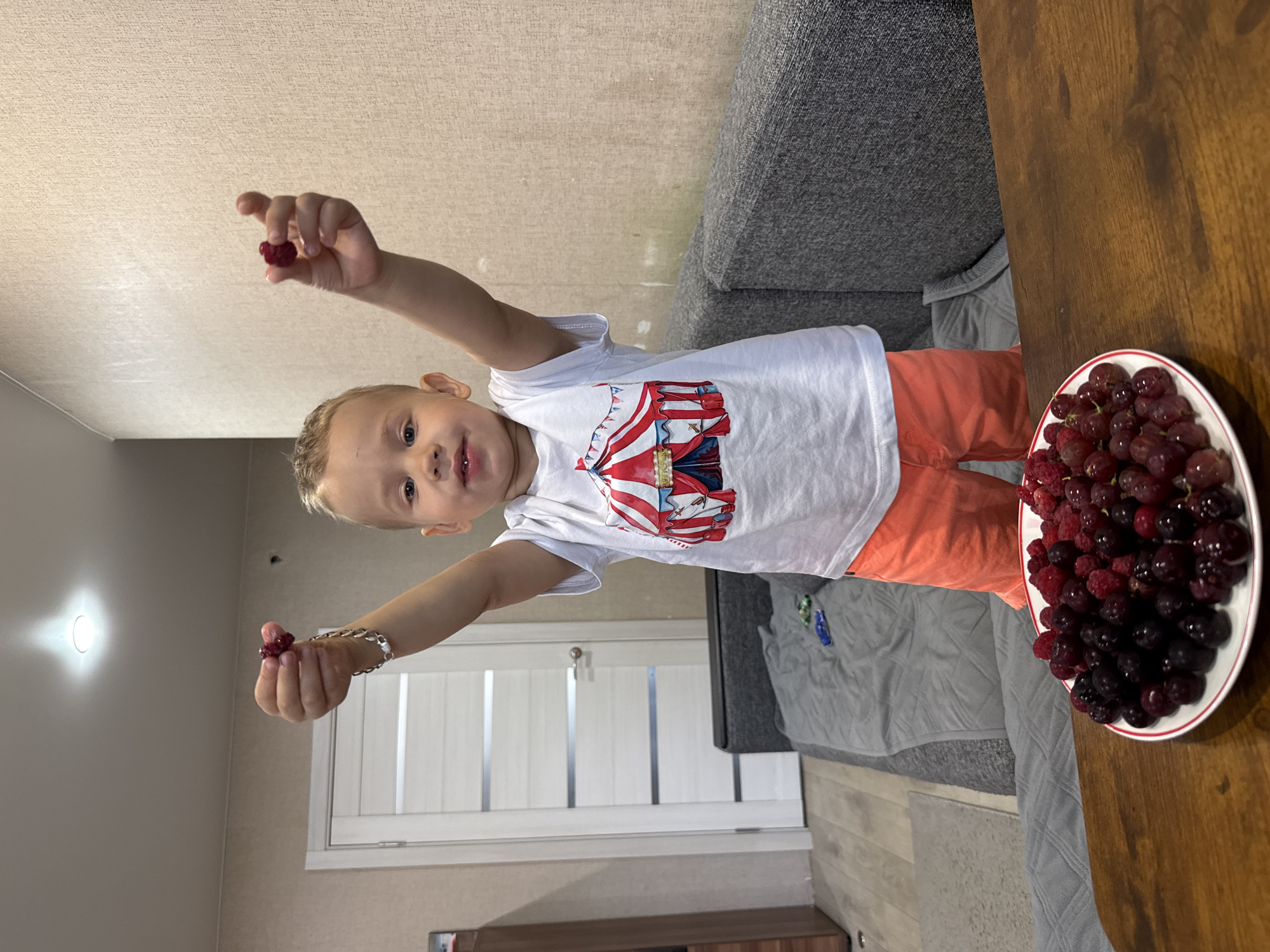 A blonde, fair-skinned young boy wearing a white t-shirt with a circus tent graphic and orange shorts stands in a room, holding two raspberries in his hands, one in his left and one in his right. He is looking at the camera with his mouth slightly open. In front of him, on a wooden table, is a white plate with a red rim, filled with raspberries and grapes. Behind the boy, a gray sofa is visible, and a white door with horizontal silver accents is to his left. The room's walls are textured and beige, and a light fixture is on the ceiling. This scene appears to be indoors, likely in a residential setting in Rusanovo, Russia, given the context provided.