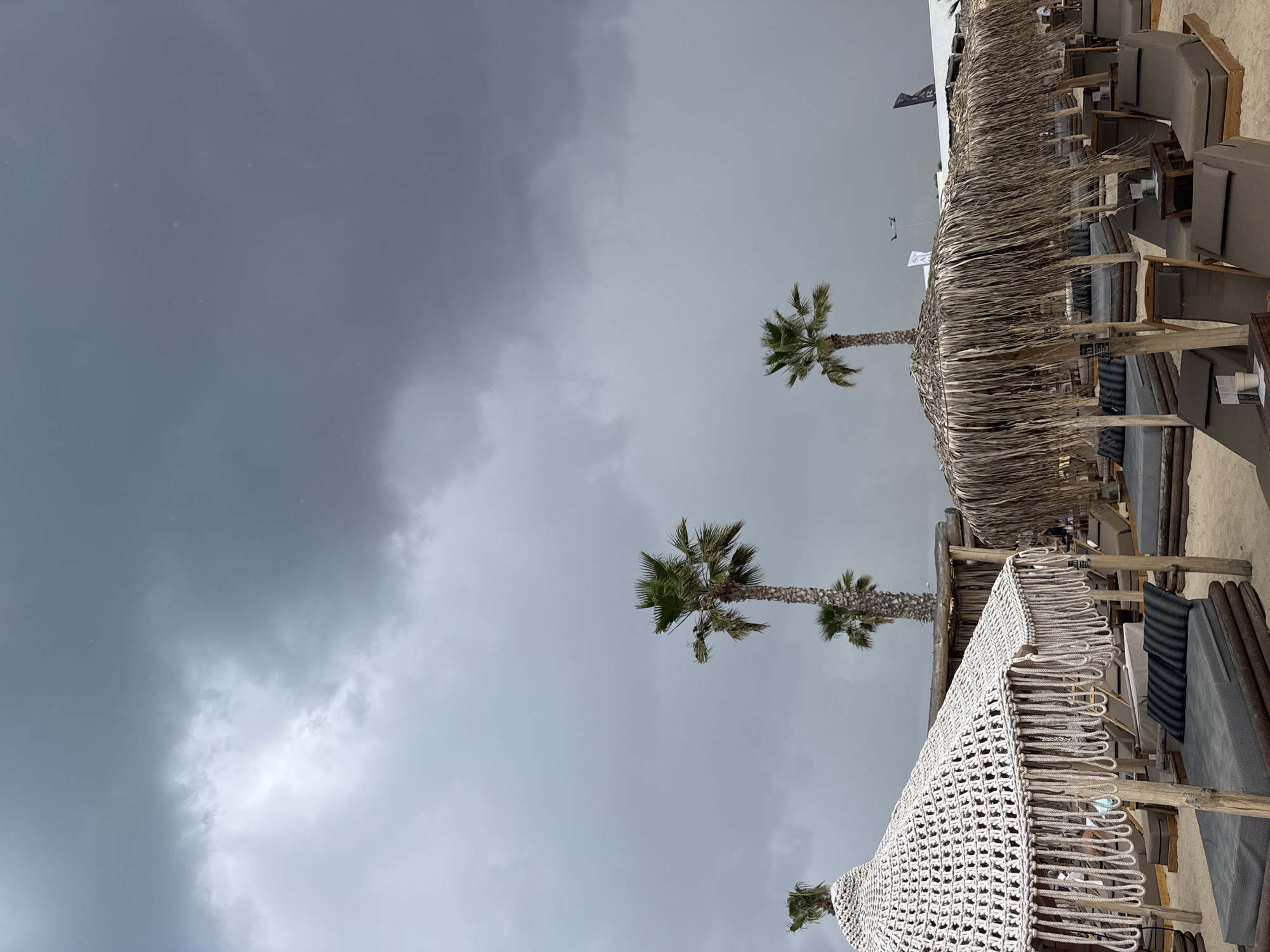 This is an outdoor scene at an unidentified beach resort location in Unknown, Unknown. The sky is overcast with dark, heavy clouds, suggesting an impending storm. Palm trees sway in the breeze. Beach chairs with thatched umbrellas are lined up. One of the beach chairs has a white crocheted covering.