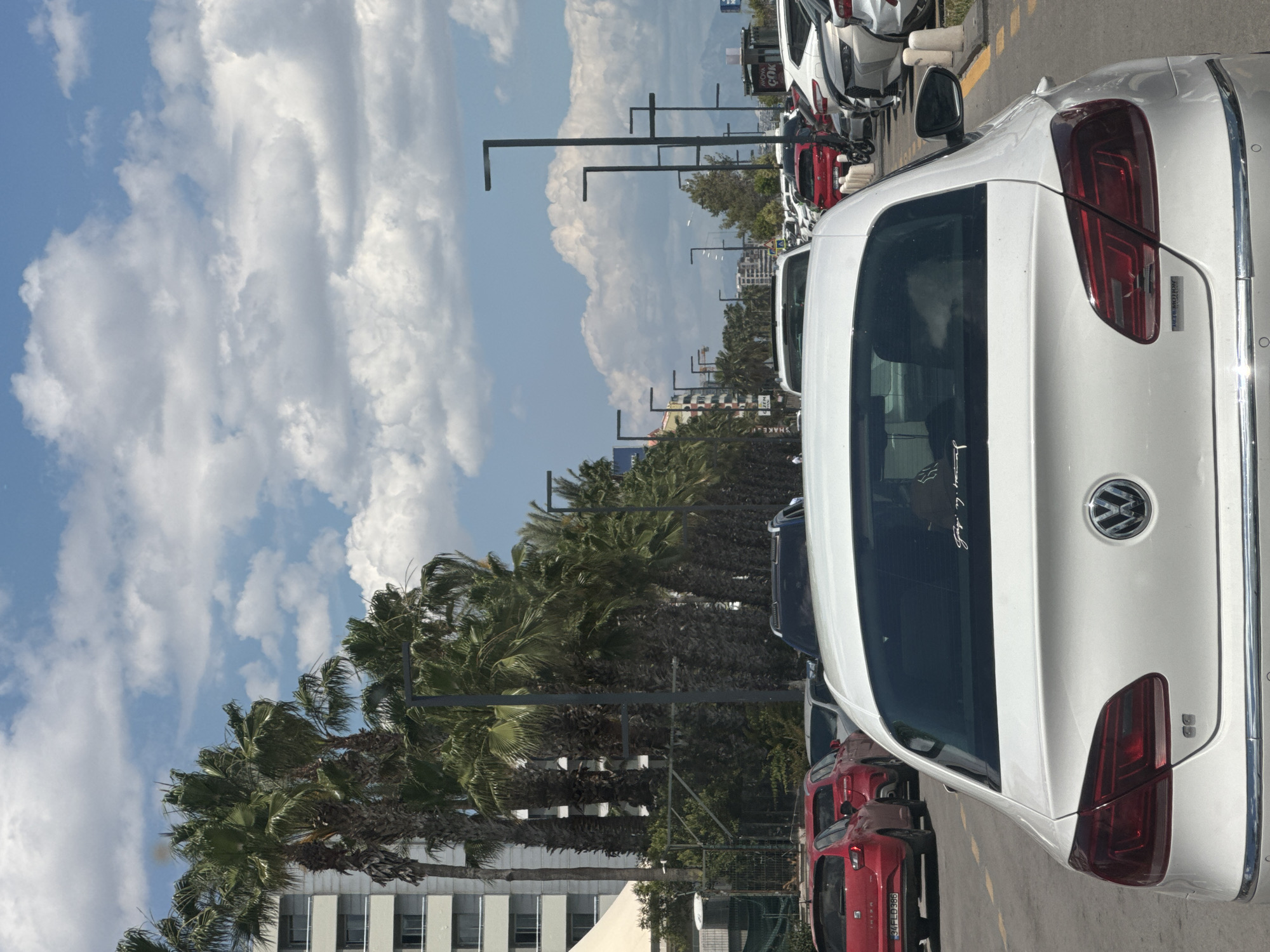 The image shows a street scene in Konyaaltı, Turkey, characterized by rows of parked cars and palm trees lining the road. A white Volkswagen dominates the foreground, with its rear facing the viewer. Other vehicles, including red cars, are visible in the line of parked cars. Streetlights are erected along the side of the road. In the background, a building with multiple windows is visible. The sky is blue with fluffy white clouds.