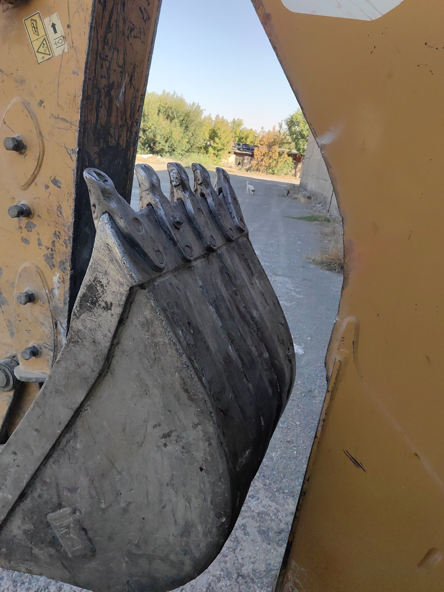 The image shows a close-up view of an excavator's bucket and boom, with a blurred background of a street and trees. The excavator is yellow and appears to be dirty and worn. In the background, a small white dog is walking on the street. The scene is set in Shymkent, Kazakhstan, likely on a sunny day given the clear blue sky. The image is taken from a low angle, looking upwards at the excavator. There are no people visible in the image.