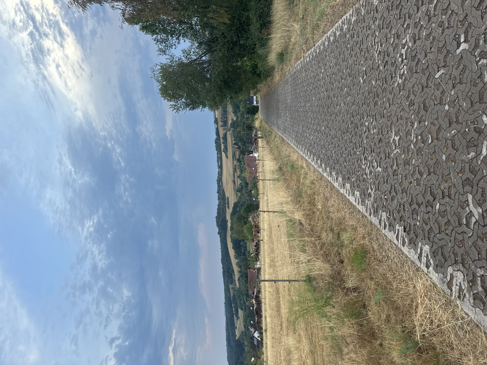 The image depicts a paved pathway in Wadern, Germany, leading through a rural landscape. The pathway is constructed from interlocking grey pavers, with sparse green vegetation growing between them. Dry, yellow grass borders the path on the left, and a dense line of green trees and foliage flanks the right side. In the distance, a cluster of houses with red and white roofs are visible, nestled amongst rolling hills covered in trees and fields. The sky above is a mix of blue and grey clouds, suggesting an overcast or partly cloudy day. A wire fence with wooden posts runs along the edge of the field on the left side of the pathway, separating it from the dry grass.