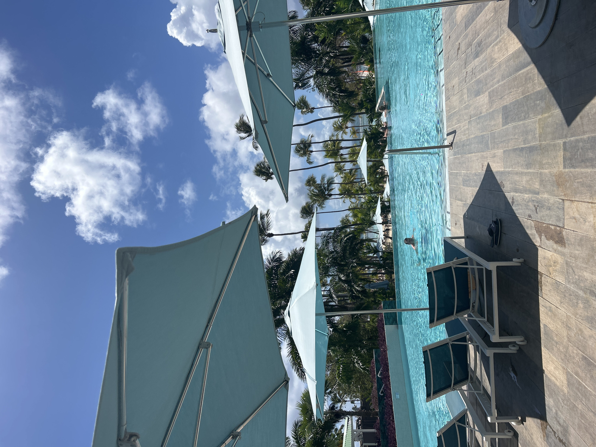 The image depicts an outdoor swimming pool area, likely within a resort, under a bright blue sky with scattered white cumulus clouds. The specific location is in the city of Sainte-Anne, France.
In the foreground, a wooden deck extends across the bottom of the frame. Two light-colored metal lounge chairs with dark teal mesh fabric are positioned on the deck, facing away from the viewer. A pair of dark-colored flip-flops rests on the deck next to the rightmost visible lounge chair. Several large, open light-blue patio umbrellas, supported by metal frames, dominate the upper portion of the frame, providing shade and casting distinct shadows onto the deck. A stainless steel pool handrail is partially visible on the right.
The midground features a large, clear blue swimming pool with visible water ripples. Multiple individuals are present in the pool. One person is swimming on their back in the mid-left section. Further to the right, two individuals are partially submerged, appearing to be interacting. Other less distinct figures are visible deeper in the pool. The pool's edge features a light blue tiled wall and a raised planter bed containing dark red/purple foliage. Additional smaller light-blue umbrellas are visible around the pool's perimeter.
The background consists of a dense array of tall palm trees with green fronds, indicating a tropical environment. Structures, possibly resort buildings, are partially visible through the foliage. Distant white caps on what appears to be a body of water (ocean or sea) can be discerned beyond the trees on the far right. The scene is brightly lit by direct sunlight, suggesting daytime conditions.