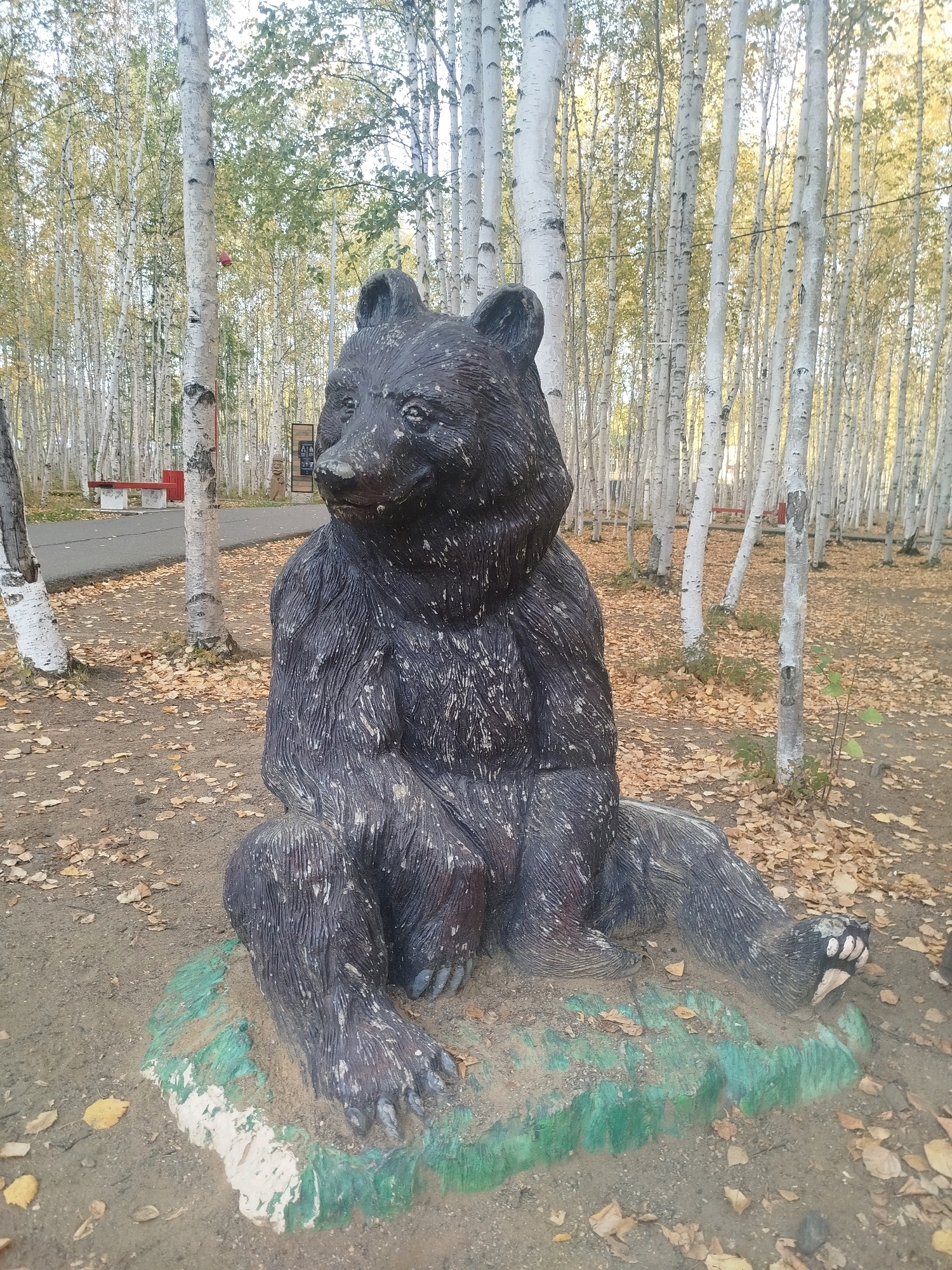 A sculpture of a black bear sits on a green and white base in a park in Mirny, Russia. The bear sculpture is dark brown with lighter highlights, giving it a textured appearance. It is seated with its legs spread and one paw extended. The park features a grove of birch trees with white bark and yellowing leaves, indicating an autumn setting. The ground is covered with fallen leaves and dirt. In the background, a paved path is visible, along with a red bench and another sculpture. The sky is overcast.
