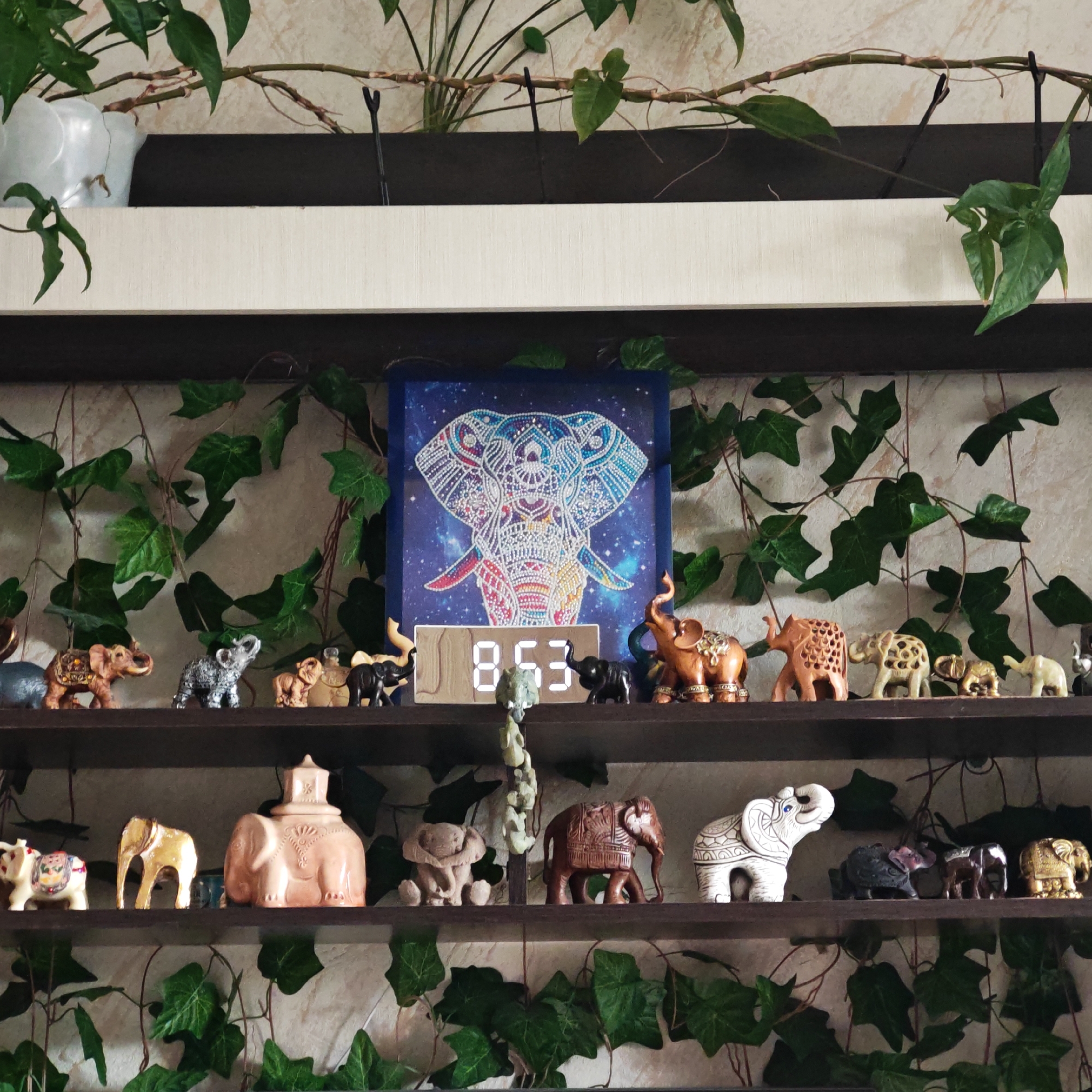 The image depicts two dark brown shelves filled with elephant figurines. The figurines vary in color, size, and material, including wood, stone, and ceramic. An image with an elephant print hangs on the wall behind the top shelf and a digital clock displays the time "8:53" is placed on the shelf as well. Green ivy vines decorate the shelves and the wall. A white pot sits atop the upper shelf. The location is likely Rostov, Russia.