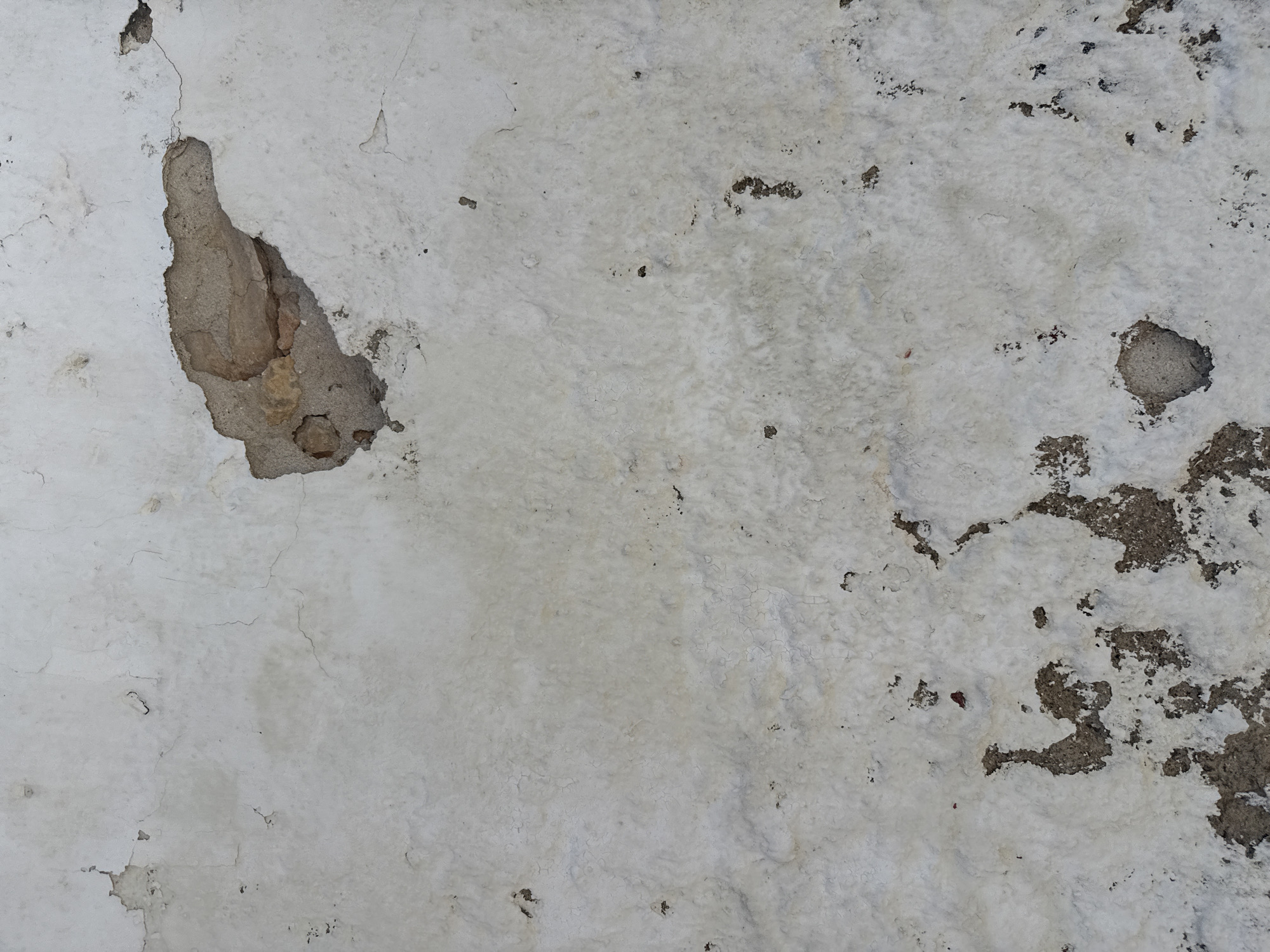This image shows a close-up of a weathered, textured wall. The wall is predominantly white with areas of damage and discoloration. There are several large patches where the white plaster has chipped away, revealing the rough, grey, and brown material underneath. Some of these exposed areas are deep, showing the layering of the underlying structure, while others are shallow pits. The surface of the white plaster is uneven, with fine cracks visible across its entirety, suggesting age and exposure to the elements. There are also small, scattered dark spots, possibly from dirt or mildew. The lighting appears natural and diffused, suggesting it was taken during the daytime, with no strong shadows indicating a specific time. The texture of the wall suggests it is an exterior surface, possibly of a building, given the wear and tear. There are no people, objects, or discernible text in the image. The overall impression is one of decay and the passage of time on a man-made surface. The context of Vilanova i la Geltrú, Spain, implies this could be part of an older building in a coastal or Mediterranean environment, which often contributes to such weathering patterns.