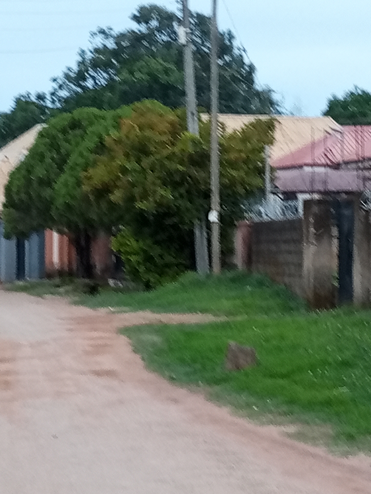 A dirt road curves through a grassy area in front of several buildings in Jos, Nigeria. The buildings have various colored roofs, including tan and red. Trees are situated between the road and the buildings, and a brick wall is visible to the right. The sky is overcast. The image is blurred, making it difficult to discern specific details.