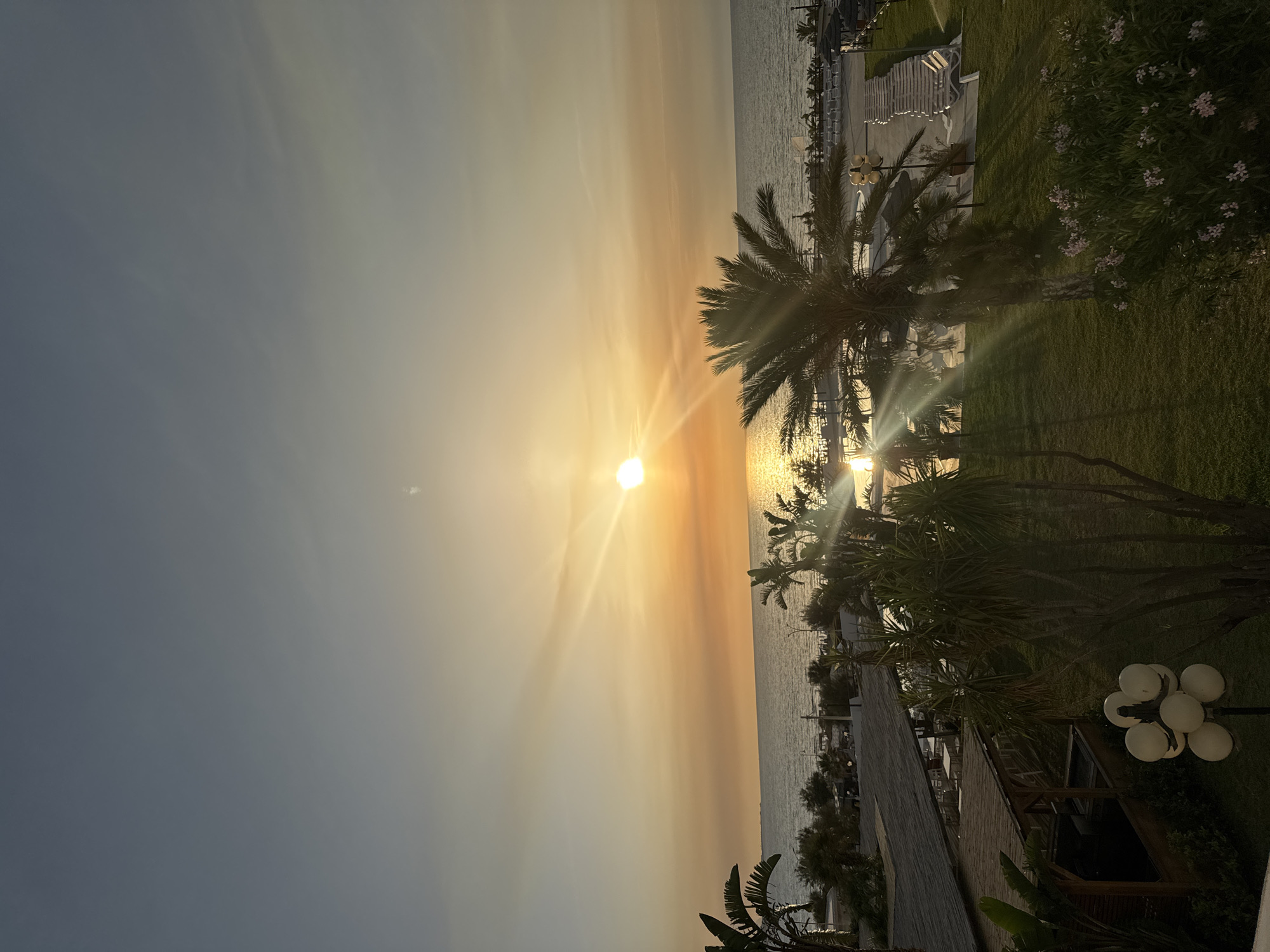 This image depicts a serene sunset over the sea in Isola delle Femmine, Italy. The sun, a bright orb of golden light, hangs low in the sky, casting a warm glow across the water and illuminating the horizon. Rays of sunlight emanate from the sun, creating a radiant effect. The sky transitions from a pale blue at the top to shades of orange and yellow near the horizon, indicating the end of the day.
In the foreground, lush green grass covers the ground, with several palm trees scattered throughout the scene. Their fronds are silhouetted against the bright sky, adding a tropical feel. In the middle ground, there are structures that appear to be part of a resort or beachfront property, including thatched-roof buildings and rows of lounge chairs. The sea stretches out to meet the sky, its surface shimmering with reflected sunlight. The overall atmosphere is tranquil and picturesque, suggesting a peaceful evening by the coast.