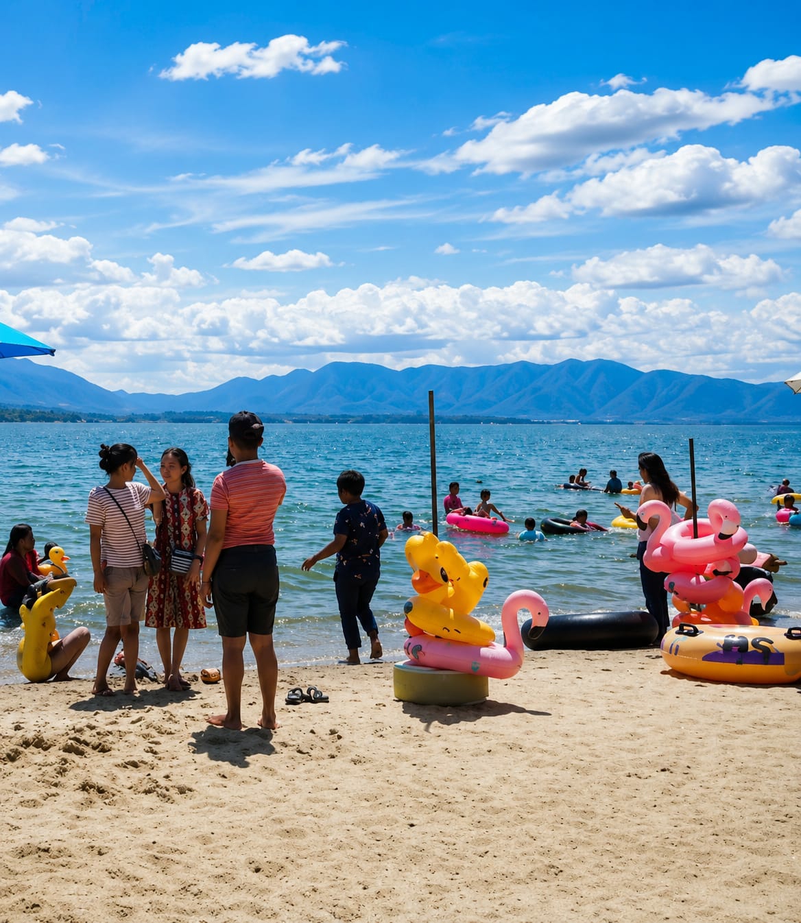This is a wide shot of a sunny beach scene in Lumban Bul Bul, Indonesia. The foreground is dominated by a sandy beach, with several inflatable toys scattered about. In the middle ground, people are wading in the shallow water and swimming. The water is a vibrant blue, and in the background, a range of mountains is visible under a sky filled with fluffy white clouds. The overall impression is one of a lively and enjoyable day at the beach.