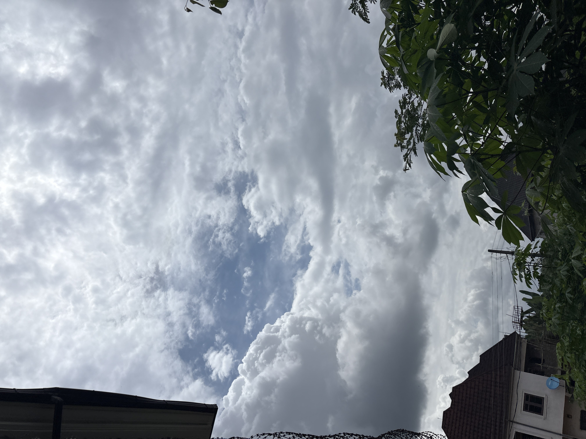 The image captures a sky filled with dramatic, overcast clouds, with patches of blue sky peeking through in the upper left quadrant. In the foreground, lush green foliage from several trees dominates the bottom right and extends into the lower middle of the frame. To the left, the dark, angular roof of a building with a brown tile roof is visible, along with a white wall and a window. A blue satellite dish is mounted on the wall. Further back and to the left, more buildings and trees are discernible under the cloudy sky, suggesting a residential area. The scene is consistent with a view from a building or elevated position in Obosi, Nigeria, where overcast skies are common. No people or animals are visible in the frame. The overall impression is one of a slightly gloomy, yet vibrant, day.