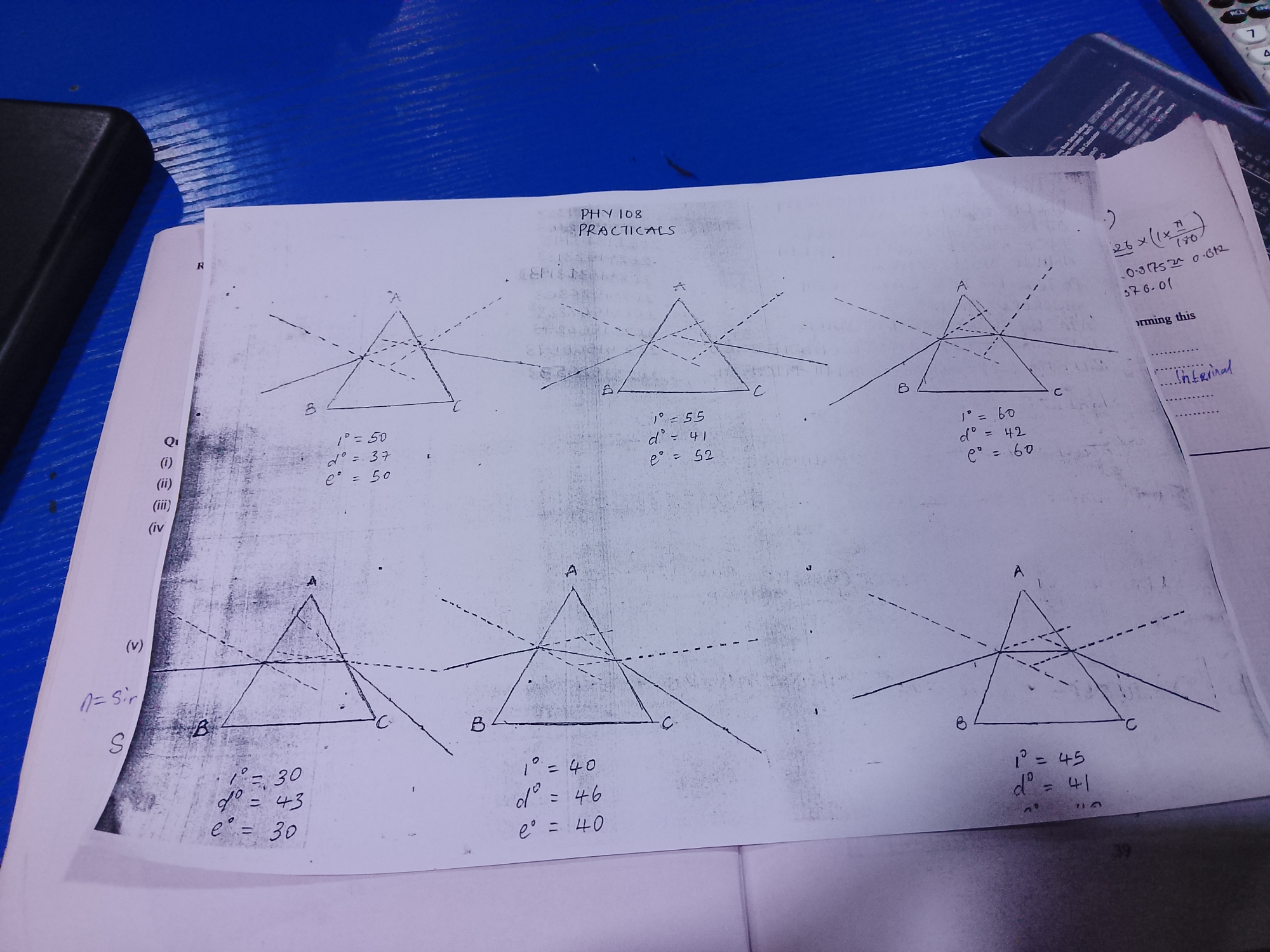 The image displays a close-up view of a page from a physics practical notebook, situated on a blue, textured surface. The notebook page contains hand-drawn diagrams of prisms with incident and refracted light rays, labeled with points A, B, and C. Below each diagram, handwritten data points are recorded, including values for i°, d°, and e°. The overall aesthetic suggests a scientific experiment or study related to optics. The background is predominantly the blue surface, with a portion of a dark object, possibly a laptop or electronic device, visible on the left edge. A calculator is partially visible on the right side of the image. The lighting is overhead, creating some shadows and highlights on the page. The image is focused on the notebook, with the surrounding environment slightly out of focus.