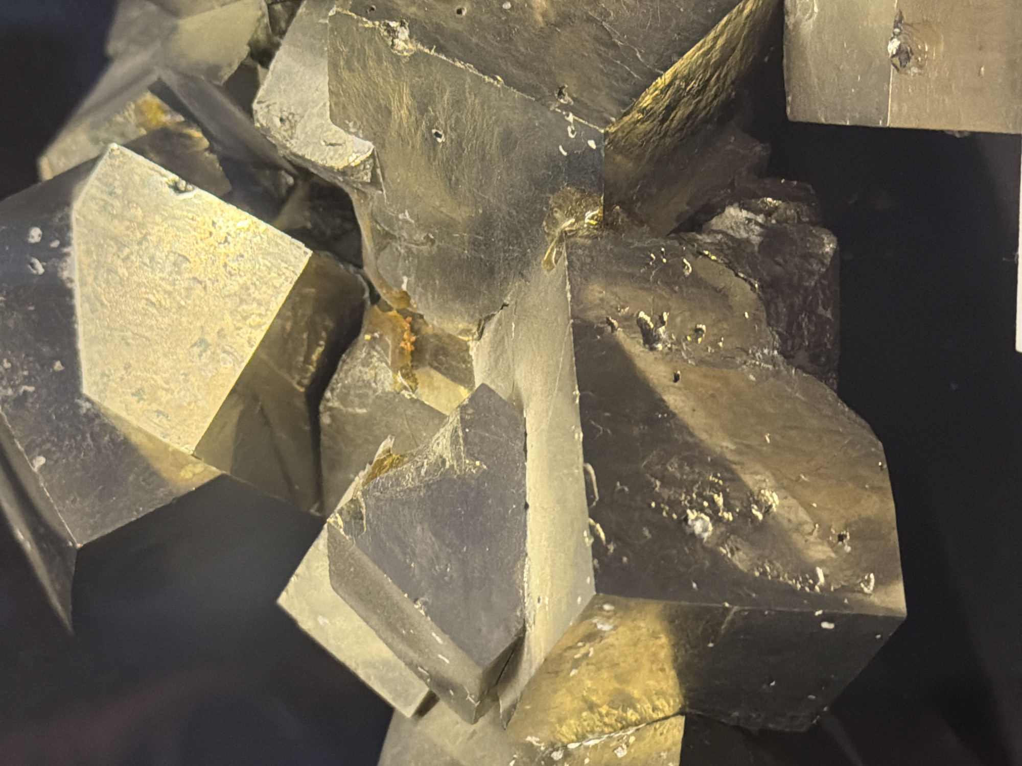 The image displays a close-up view of a cluster of pyrite mineral specimens. The pyrite crystals are cubic in shape and exhibit a metallic, brass-yellow luster, characteristic of "fool's gold." Some crystals show intricate surface textures, including striations and minor imperfections. The lighting highlights the geometric facets and the reflective surfaces of the minerals, creating a play of light and shadow. The background is dark and out of focus, emphasizing the geological specimens. The photograph appears to be taken in a museum or a display setting, possibly at the Discovery Point at NSU Museum of Art, Fort Lauderdale, where such geological exhibits are often featured. There are no people or any discernible actions or interactions depicted in the image. The environment is static, focusing solely on the mineralogical presentation.