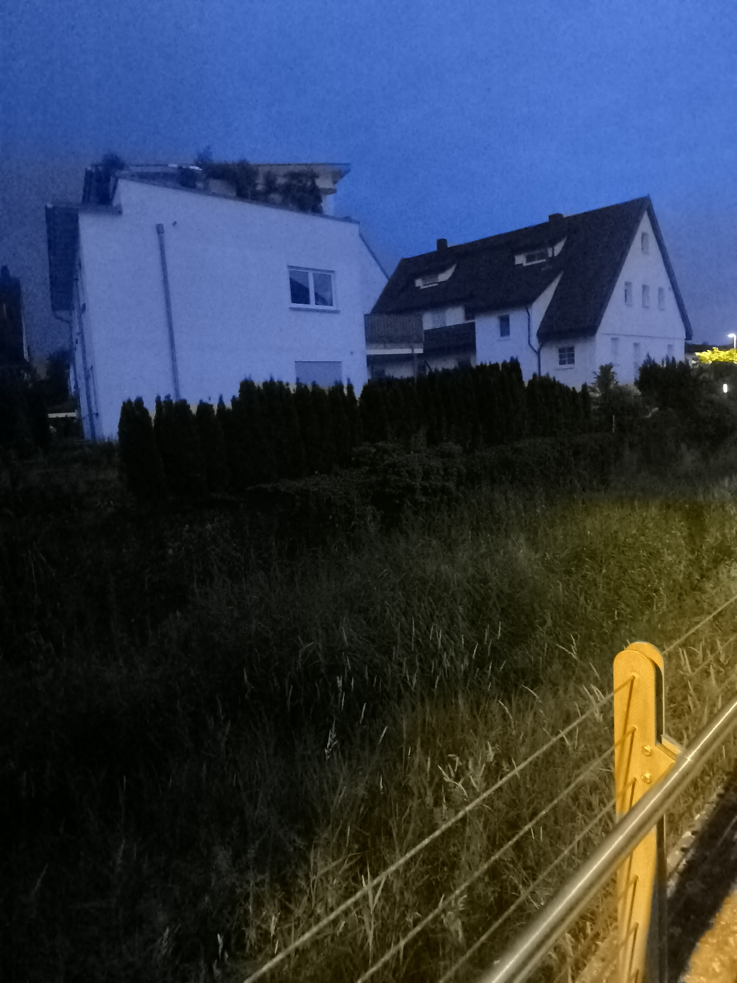 In the city of Unknown, Unknown, at dusk, a residential area is depicted. Two houses are visible. The house on the left is white with a flat roof and a single window. The house on the right is also white with a dark, pitched roof and multiple windows. Both houses are bordered by a dense line of dark green trees. In the foreground, there is an area of tall, overgrown grass and a yellow metal fence with horizontal wires. The sky is a deep blue, suggesting twilight. No people or animals are present in the scene.