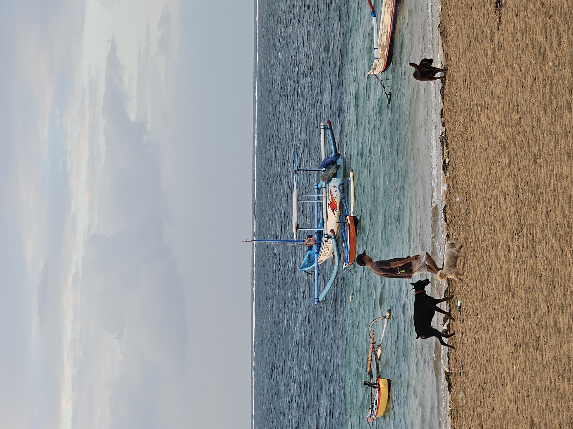 A man walks with two dogs on a sandy beach in Denpasar, Indonesia. The man, wearing a brown t-shirt and white shorts, is accompanied by a large black dog and a smaller, lighter-colored dog. In the background, several traditional Balinese fishing boats are anchored in the turquoise ocean under a cloudy sky. One boat, painted blue and white with an orange trim, has a canopy and appears to be occupied by a person. Another boat, bright yellow with red trim, is closer to the shore. The water is calm with gentle waves breaking on the shore. Debris, including plastic bottles and seaweed, is scattered along the high tide line.
