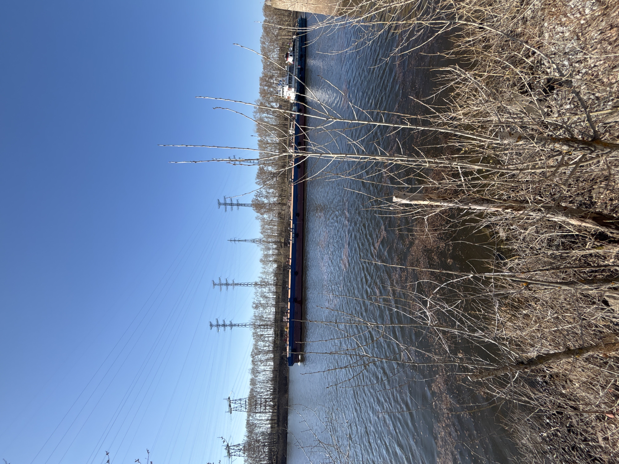 The image shows a wide river, likely the Kama River, near Chaikovsky, Russia. A long barge or series of barges is traveling down the river. Power lines and their supporting towers run parallel to the river. The foreground features bare trees and scrub vegetation. The sky is clear blue. There are no people visible in the image.
