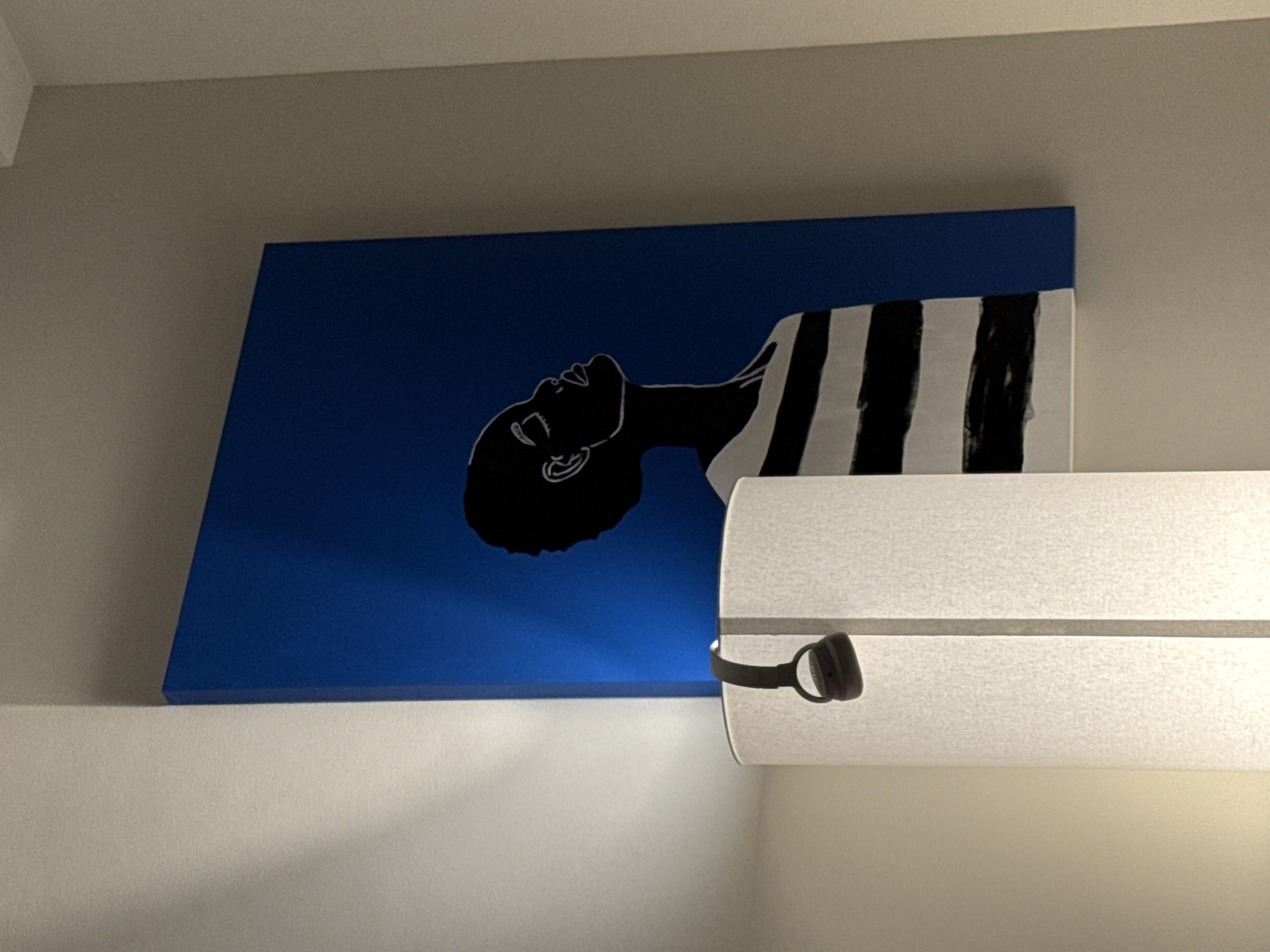 A canvas featuring a black and white silhouette of a person with their head tilted back and mouth open against a vibrant blue background hangs on a wall. The person's torso is adorned with bold black and white stripes. To the right of the canvas, a white cylindrical light fixture with a horizontal bar is mounted. A dark-colored object, possibly headphones, is attached to the light fixture. The lighting suggests an indoor setting, likely a room, with soft light illuminating the scene and casting subtle shadows. The overall aesthetic is minimalist and artistic, with a stark contrast between the black, white, and blue elements. The image doesn't provide clear cues for the time of day or weather, but the controlled indoor lighting indicates it is not dependent on natural light. The style of the artwork could be found in a contemporary home or a gallery.