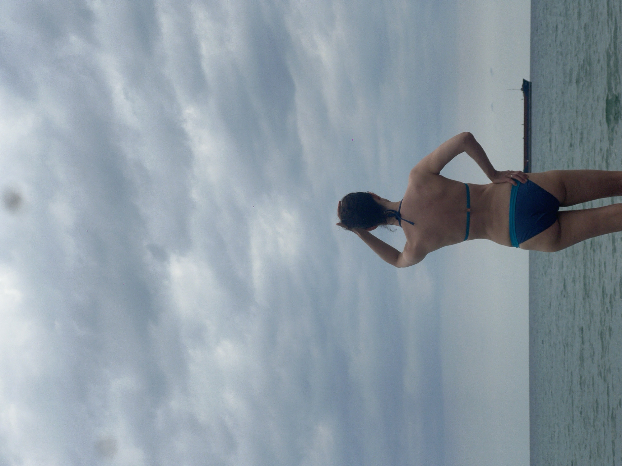 A woman stands with her back to the camera, wearing a dark blue bikini. She is facing a body of water, likely the sea, with a grey, cloudy sky overhead. In the distance, a cargo ship is visible on the water. The scene appears to be a coastal area in the city of Sokhumi, Abkhazia. The woman has her right hand raised to her head, and her left hand is resting on her hip. The overall atmosphere is somewhat subdued due to the overcast weather.