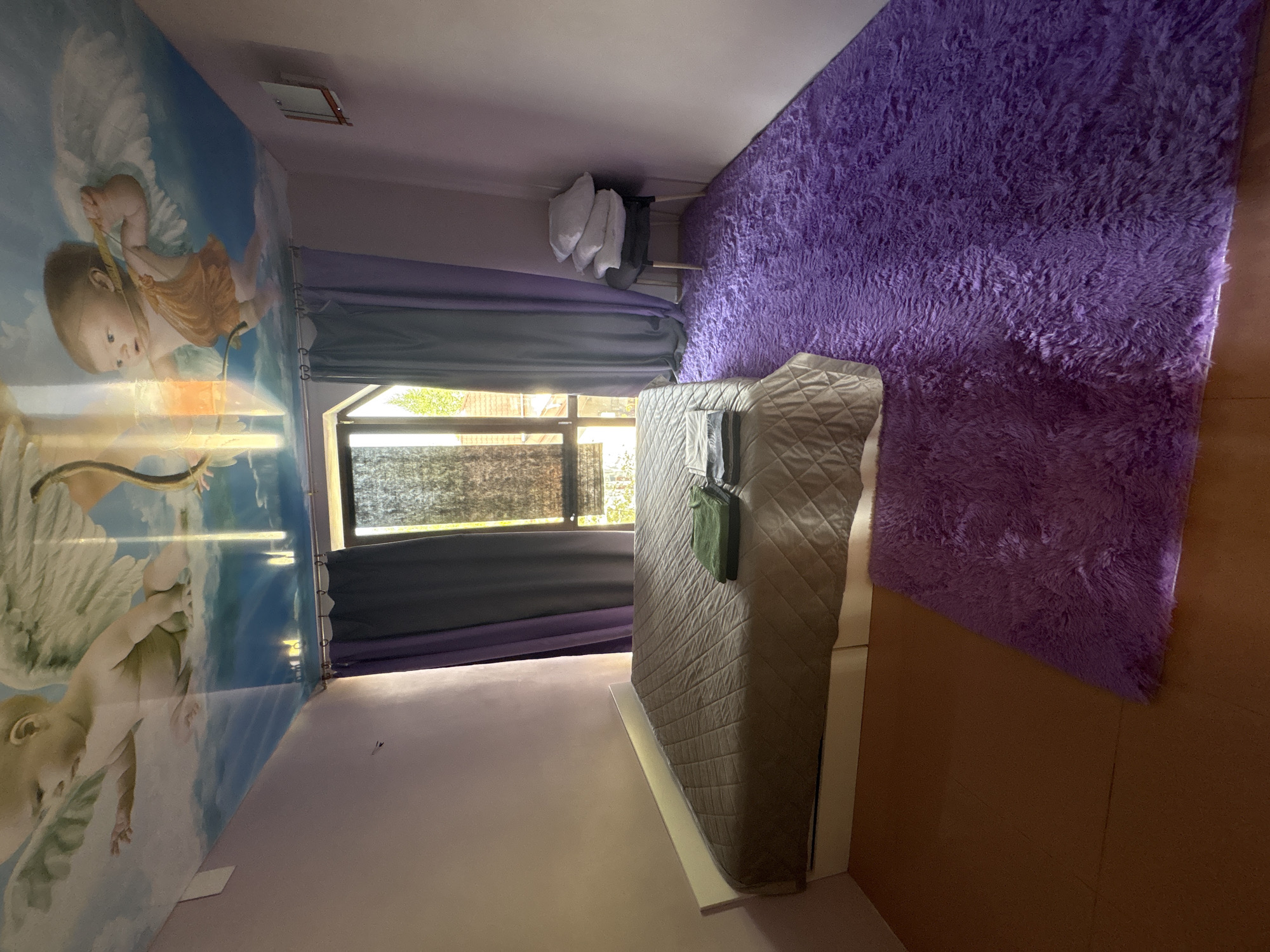 The image depicts a bedroom interior. A bed with a gray quilted cover is present. A purple shag rug covers a significant portion of the floor. The walls are decorated with a mural depicting cherubs and clouds. A window with closed curtains allows natural light into the room. The location cannot be determined to be Saint Petersburg, Russia from the image alone.