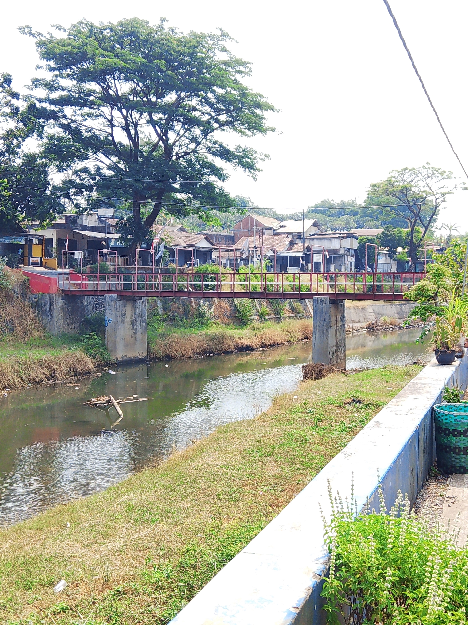 The image shows a canal flowing through an urban area in Potroyudan, Indonesia. A red metal footbridge with concrete supports spans the canal. On the far bank, there are several buildings with corrugated metal roofs and brick walls, suggesting a residential or commercial area. A large tree with dense foliage is visible behind the buildings. The near bank is covered in grass and some dry vegetation, with a concrete wall along the edge. A few pieces of debris are floating in the canal. In the foreground, there is a patch of green plants with small white flowers. The sky is bright and overcast.