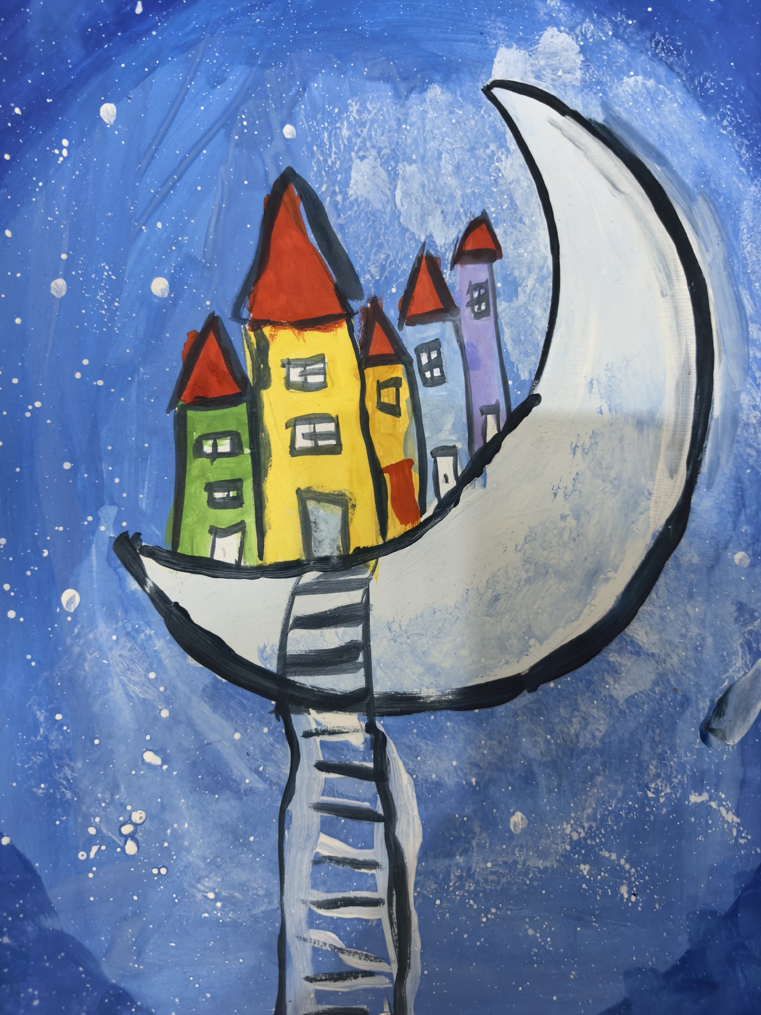 A child's painting depicts a whimsical scene of colorful houses nestled on a crescent moon against a starry blue sky. A ladder ascends from below to the moon, implying a connection between earth and the celestial dwelling. The artwork is rendered in a simple, illustrative style with bold outlines and vibrant colors, typical of a young artist's expression. There is no discernible connection to Fergana City, Uzbekistan, as the image portrays a fantastical, non-specific setting.