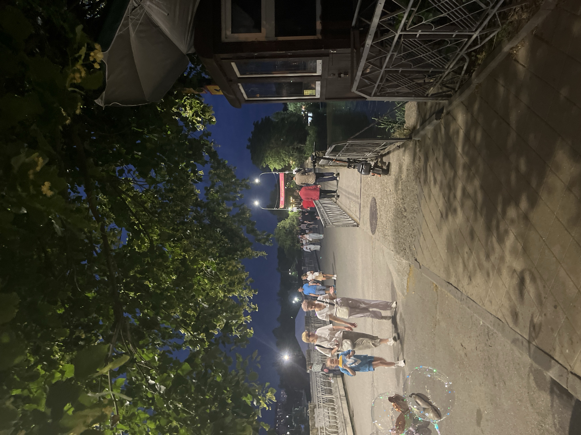 The image depicts a scene at dusk on a bridge in Krasnodar, Russia, possibly the Bridge of Lovers or a similar pedestrian bridge over the Kuban River. The sky is dark blue, indicating nighttime. Trees with green foliage overhang the bridge, casting shadows.
On the bridge, several people are walking. In the foreground, a young boy wearing a blue shirt and shorts walks with two women. One woman wears a white t-shirt and light-colored pants, and the other wears a beige t-shirt and light-colored pants. Both women are carrying bags. To the left of them, several large, transparent bubbles with glitter inside are floating.
Further down the bridge, more people are visible walking in both directions. Some are wearing bright clothing, such as red shirts. Streetlights are illuminating sections of the bridge.
On the right side of the bridge, there is a wooden structure with windows, resembling a small cafe or kiosk. A metal railing separates the bridge walkway from the water on the right. A bicycle is parked near the railing. The walkway itself is paved with cobblestones and concrete. The overall atmosphere is that of a public space busy with evening activity.