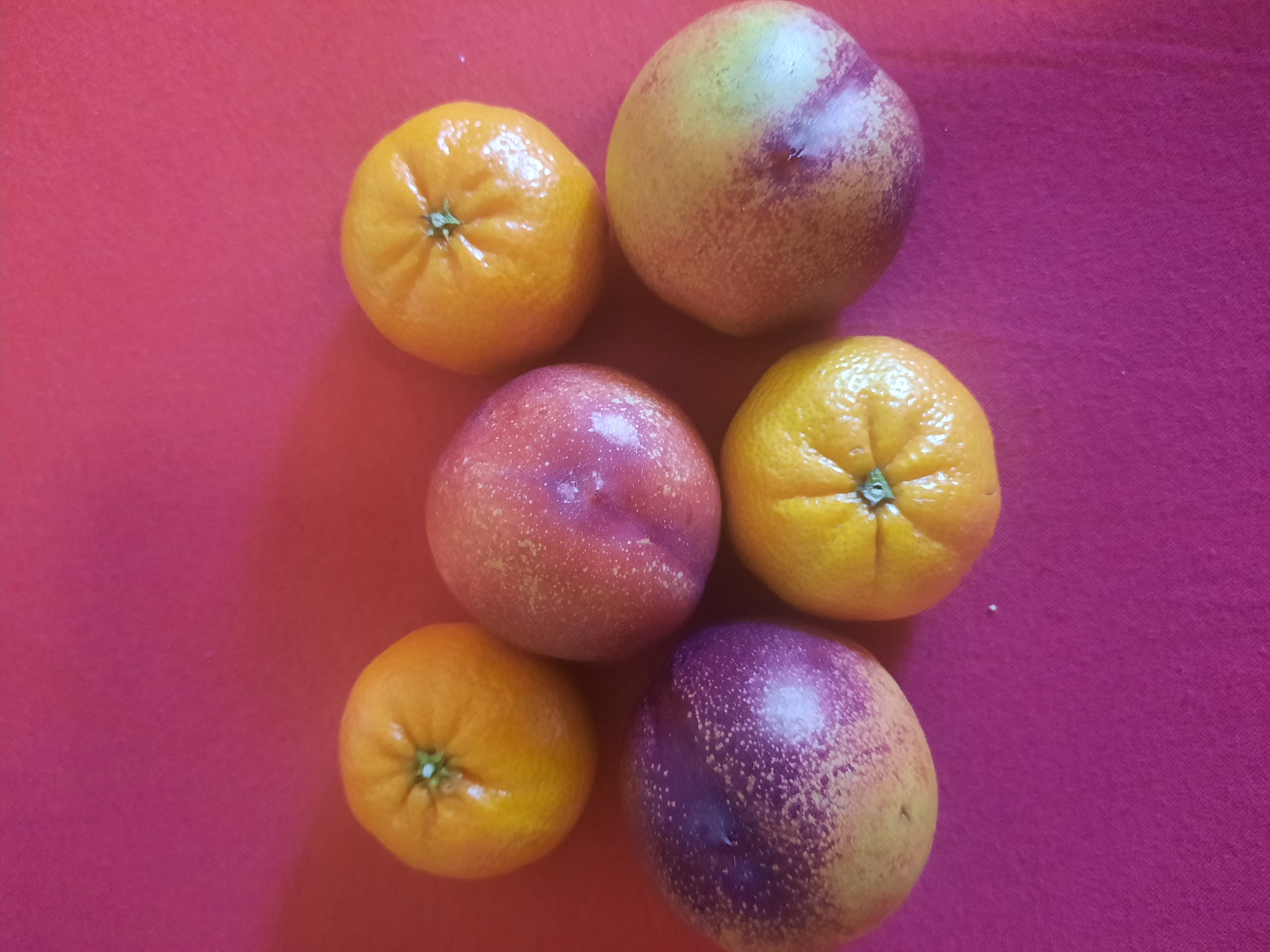 Six fruits are arranged on a magenta surface. Three of the fruits are oranges, and the other three fruits are dark purple and orange passion fruits. The oranges are arranged in the top row, with one on the left and two on the right. The passion fruits are arranged in the bottom row, with one on the left, one in the center, and one on the right. The lighting is natural and comes from above.