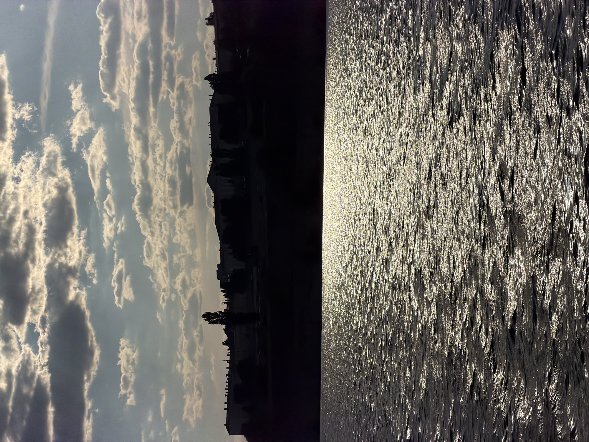 The image depicts a body of water in the foreground, with a dark, silhouetted shoreline and buildings in the background. The water is rippled and reflects the light from the sky, creating a shimmering effect. The sky is filled with dramatic clouds, with patches of blue visible between them. The shoreline features a row of dark buildings, likely residential or administrative, with a prominent tall tree standing out against the skyline. The overall impression is one of a somewhat overcast day with the sun intermittently breaking through the clouds, casting light on the water. The scene is likely a waterfront view within the city of Kamyshin, Russia.