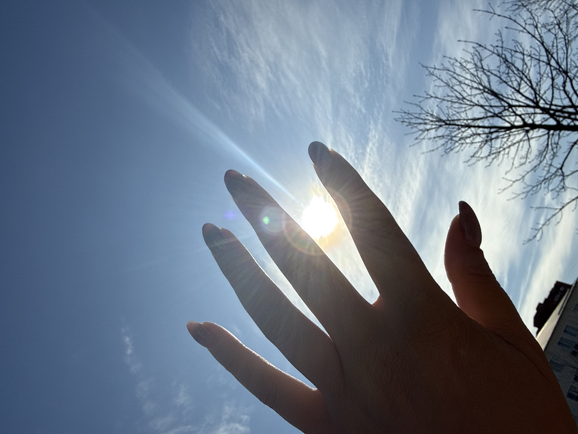 A low-angle shot captures a hand with dark nail polish outstretched towards a bright, somewhat obscured sun in a blue sky with wispy clouds. The sun's rays create a lens flare effect. Bare tree branches are visible in the upper right corner, and a building is faintly visible in the lower right corner. Based on the background, this photo might have been taken in Dmitrov, Russia, as requested.