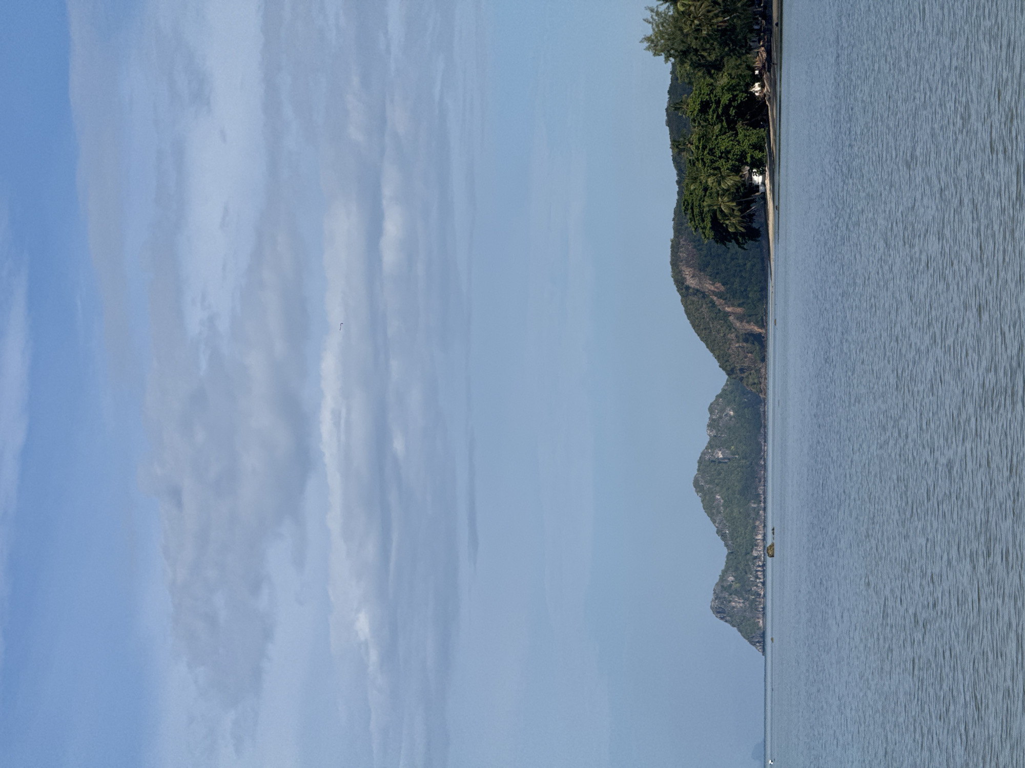 This is a landscape photograph of a tropical coastline on Koh Phangan Island, Thailand. The scene is dominated by a calm, blue-gray sea in the foreground, with gentle ripples on its surface. In the mid-ground, a lush green coastline stretches across the frame, featuring a variety of trees, including palm trees, and a sandy beach. A few small buildings, possibly huts or bungalows, are visible nestled amongst the trees on the shore. Further in the distance, several rocky, tree-covered islands rise from the sea. The sky above is a pale blue, with scattered, wispy white clouds. A very small, dark silhouette, possibly a bird or a kite, is visible in the upper left portion of the sky. The overall atmosphere is serene and natural.