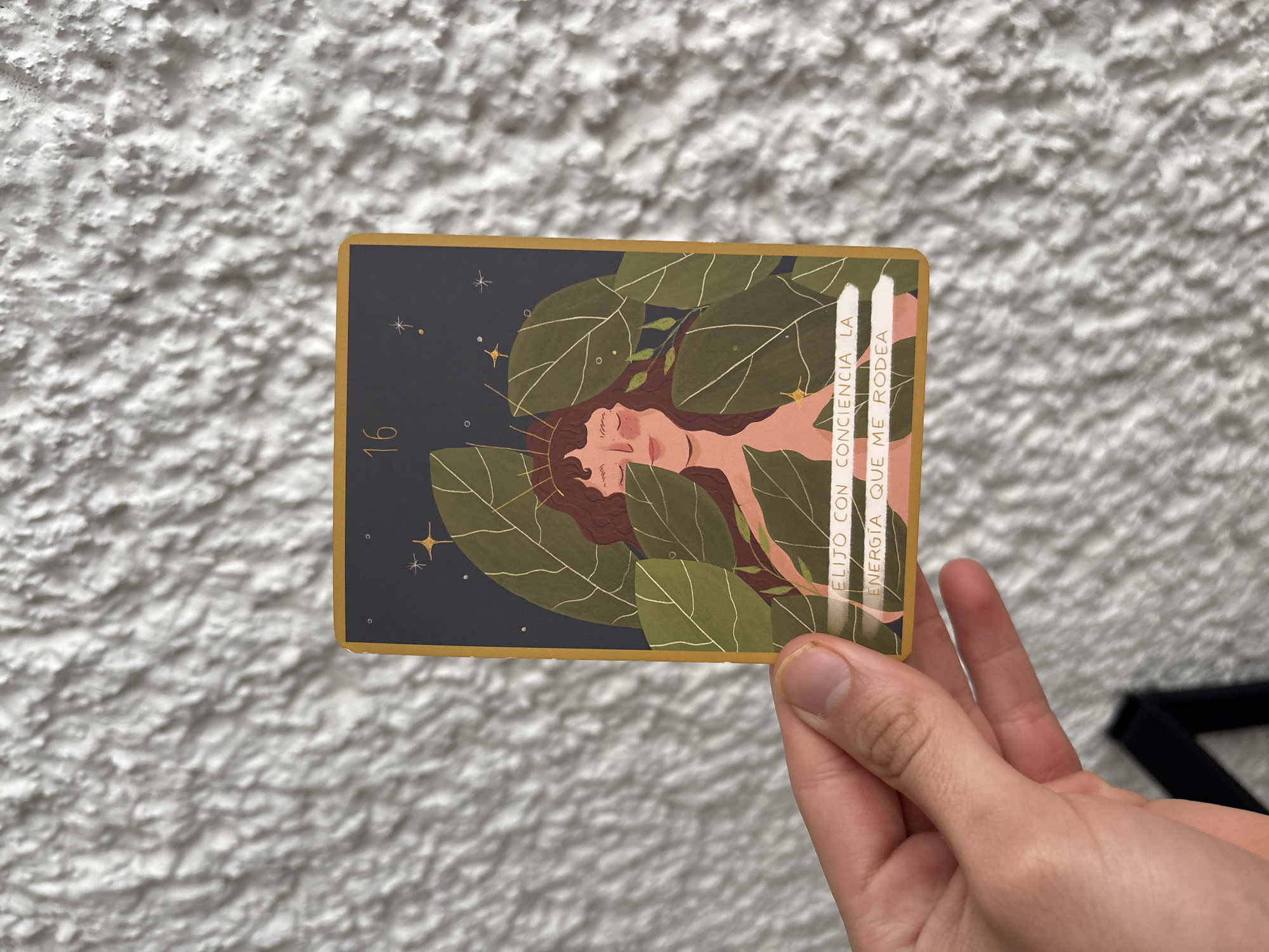 A hand holds a rectangular card with a dark background on a textured white surface. The card features an illustration of a reclining figure surrounded by green leaves and botanical elements. Text is vertically aligned on the right side of the card in Spanish: "ELIJO CON CONCIENCIA LA ENERGÍA QUE ME RODEA." The number "16" is printed on the left side of the card. The location is unknown and it can be not proven it is in the city of Puebla, Mexico.