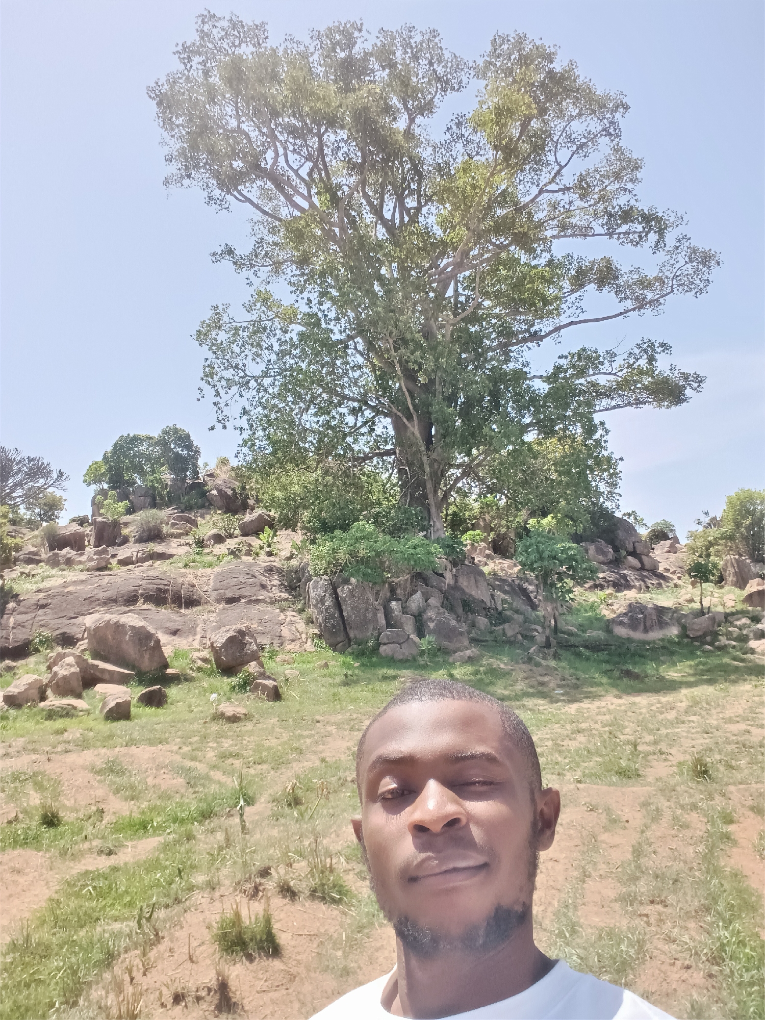 The image is a selfie of a young Black man with a close-cropped haircut and a short beard, wearing a white shirt. He is standing outdoors. Behind him is a landscape dominated by large rock formations and sparse vegetation, including grassy areas and a large tree. The sky is light blue, suggesting daytime. The location is likely in or near Du, Nigeria, based on the prompt. There is no visible interaction or action, only a static scene.