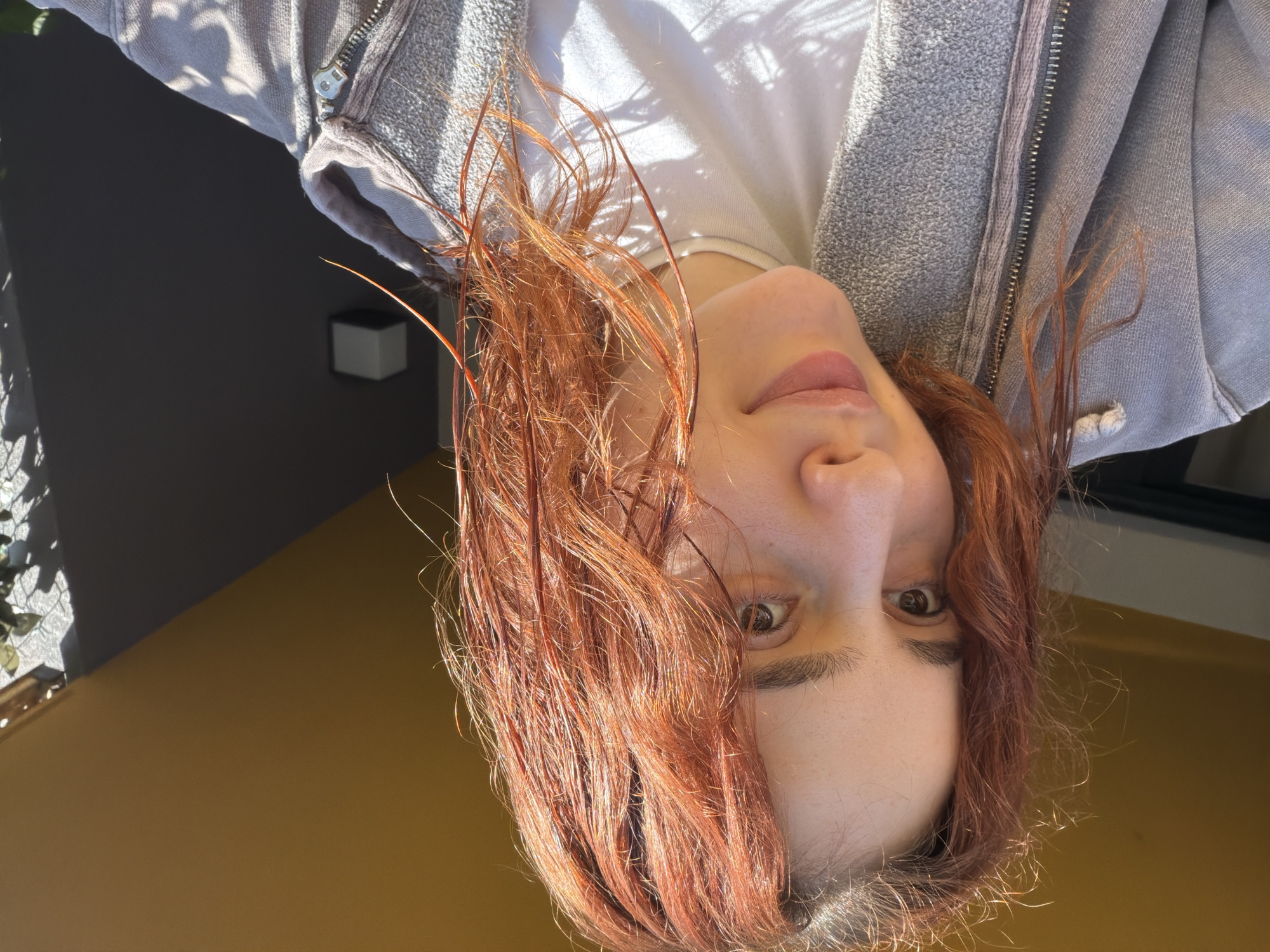 A portrait of a person with reddish-brown hair is presented upside down. The person is wearing a light gray, zip-up hoodie over a white shirt. The background includes a yellow surface and a gray wall with some plants or shadows visible. The person appears to be outside, possibly in a residential or semi-urban environment. The image provides no discernible information about the city of Strasbourg.