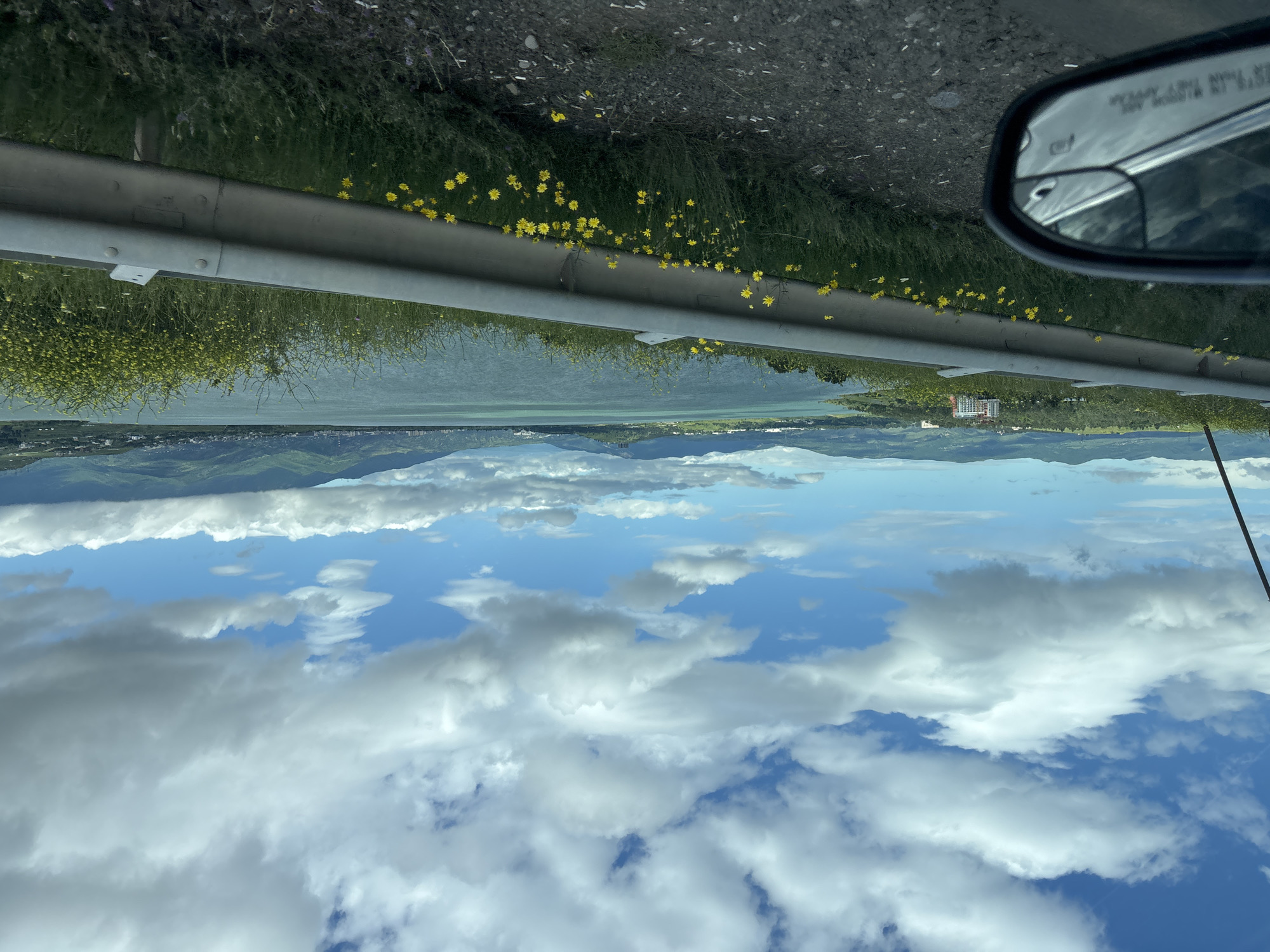 The image depicts a view from a vehicle, likely a car, showcasing a landscape with a body of water and mountains in the distance. The sky is filled with white clouds against a blue backdrop. A metal guardrail runs along the side of the road, lined with yellow wildflowers. A car side mirror is visible. The image is upside down. The city of Tbilisi, Georgia, is not recognizable in this image.