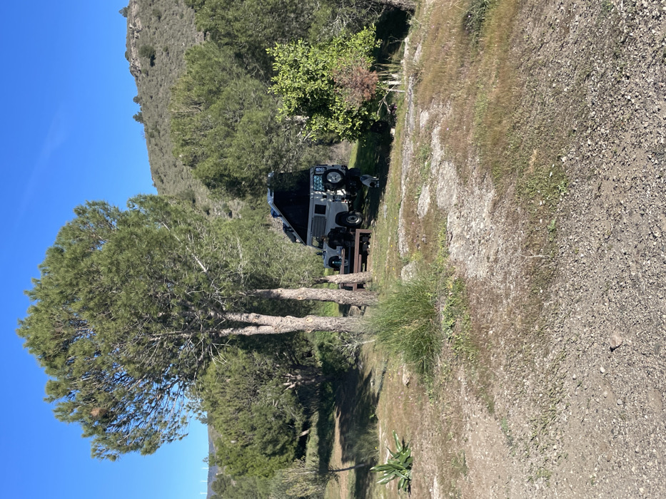 The image shows a camper van parked on a dirt road in the hills above the town of Álora, Spain, located at coordinates 36.827 latitude and -4.723 longitude. The camper van is white with black trim, and the roof is raised. There is a small table and chairs set up next to the van. Two large pine trees are visible in the foreground, and there are other trees and bushes in the background. The sky is blue, and there are a few clouds. The road is dusty and uneven.