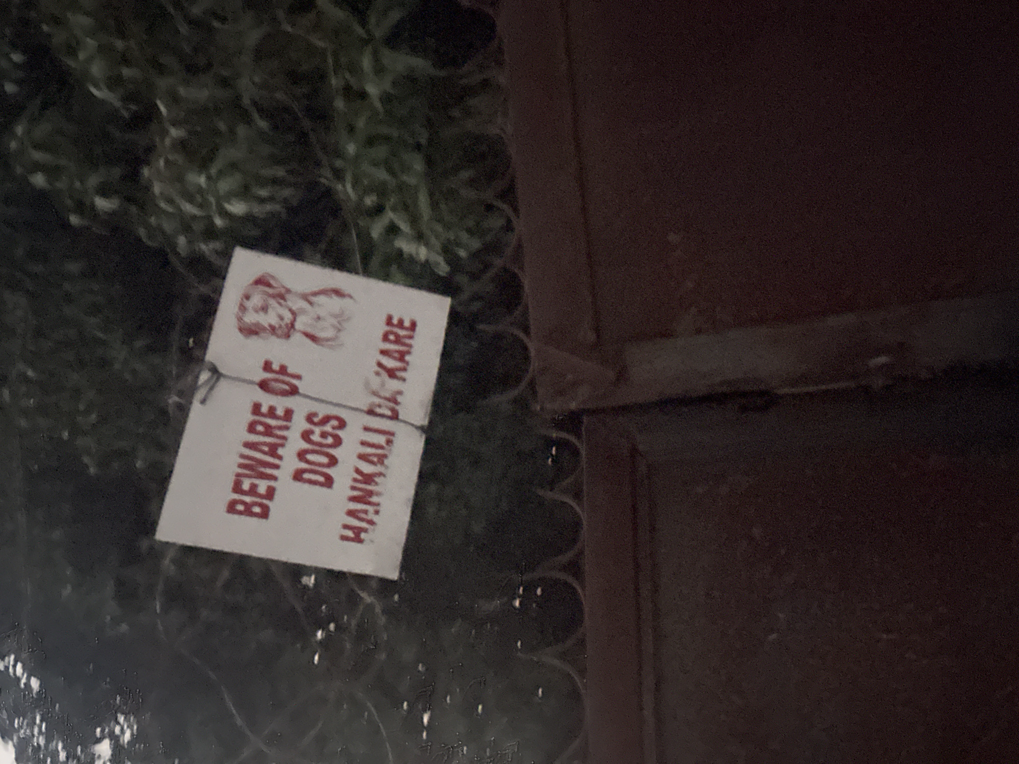 A white rectangular warning sign, bearing the text "BEWARE OF DOGS" and "HANKALI DA KARE" in red capital letters, is affixed to a dark reddish-brown metal gate or fence. To the right of the English text, a stylized reddish-brown line drawing of a dog's head and upper chest is visible. The sign is attached near the top of the fence, which features a scalloped or spiked upper edge. Behind the fence, dark green foliage, possibly from trees or bushes, is visible under dim lighting conditions. No people or animals are present. The location is unknown.