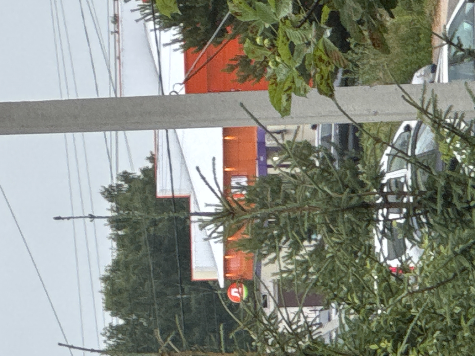 An outdoor, medium-shot photograph captures a bright orange building with a white roof in an urban setting. The building is partially obscured by the branches of green trees in the foreground. A distinctive red and green circular logo with a Cyrillic letter is visible on the left side of the building. Power lines stretch across the sky above the building, supported by poles. In the lower part of the image, several white vehicles are parked, one with a red taillight illuminated. The scene appears to be a commercial area on an overcast day, with the building's vibrant colors contrasting with the muted sky and lush greenery.