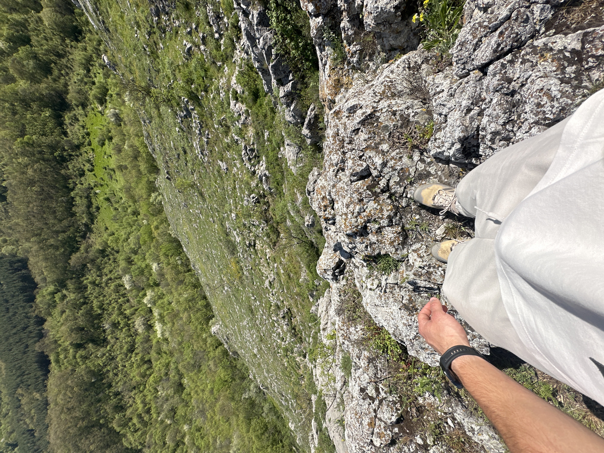 A person stands on a rocky cliff in Bilka, Bulgaria, overlooking a steep drop to a forested area below. The person wears light-colored trousers and hiking boots, with a dark watch on their left wrist. The surrounding environment features rugged terrain with sparse vegetation clinging to the rocks. The forest is dense and predominantly green. The overall impression is one of height and a somewhat precarious position on the cliff edge.