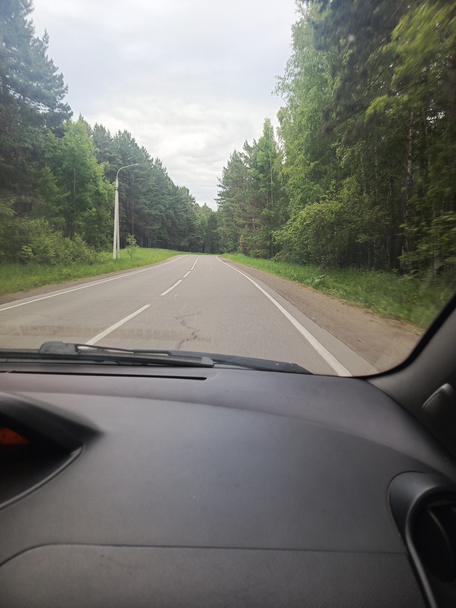 This image, taken from the interior of a vehicle, shows a view of a paved road winding through a forest. The road has white lane markings. The sky is overcast. The trees on either side of the road are dense and appear to be a mix of pine and deciduous species. A lamppost is visible on the left side of the road. The dashboard of the car is visible in the foreground. Based on visual cues such as the vegetation and road type, this scene is likely located in the vicinity of Meget, Russia, a settlement known for its surrounding forested areas.