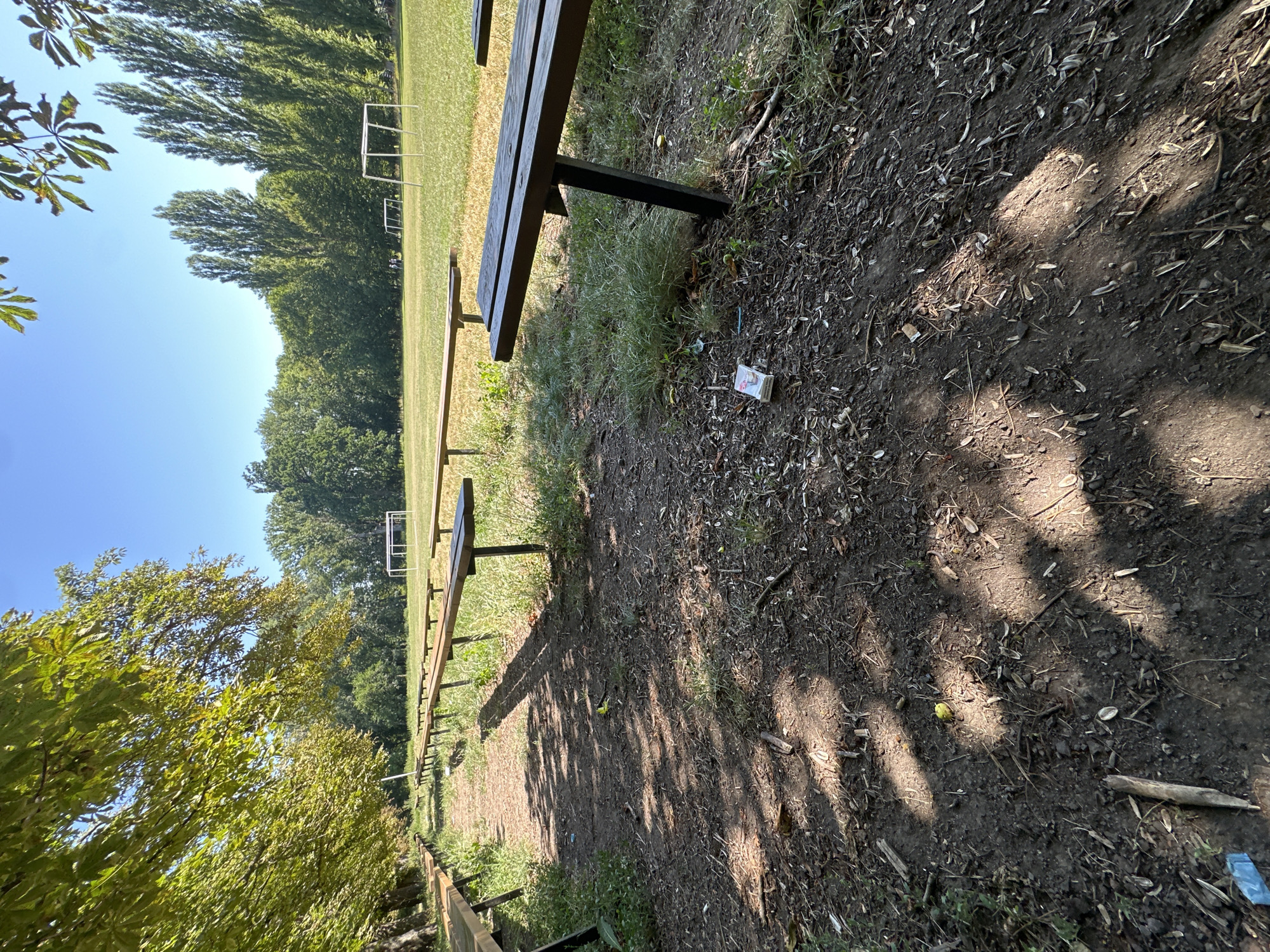 The image depicts an outdoor scene in the city of Makiv, Ukraine, likely at a sports field or park. In the foreground, a dirt path is lined with weathered wooden benches on the left and right sides. The path is covered in loose soil, debris, and scattered sunflower seed shells. Sunlight casts dappled shadows across the ground from overhanging trees.
Beyond the path, a grassy field stretches out, featuring several white soccer goals in the distance. A line of trees forms a natural boundary at the far end of the field. The sky is clear and blue. Two small figures, appearing to be people, are visible on the field, walking towards the goals. One small white and red object, possibly a piece of litter, lies on the ground near the benches in the mid-ground.