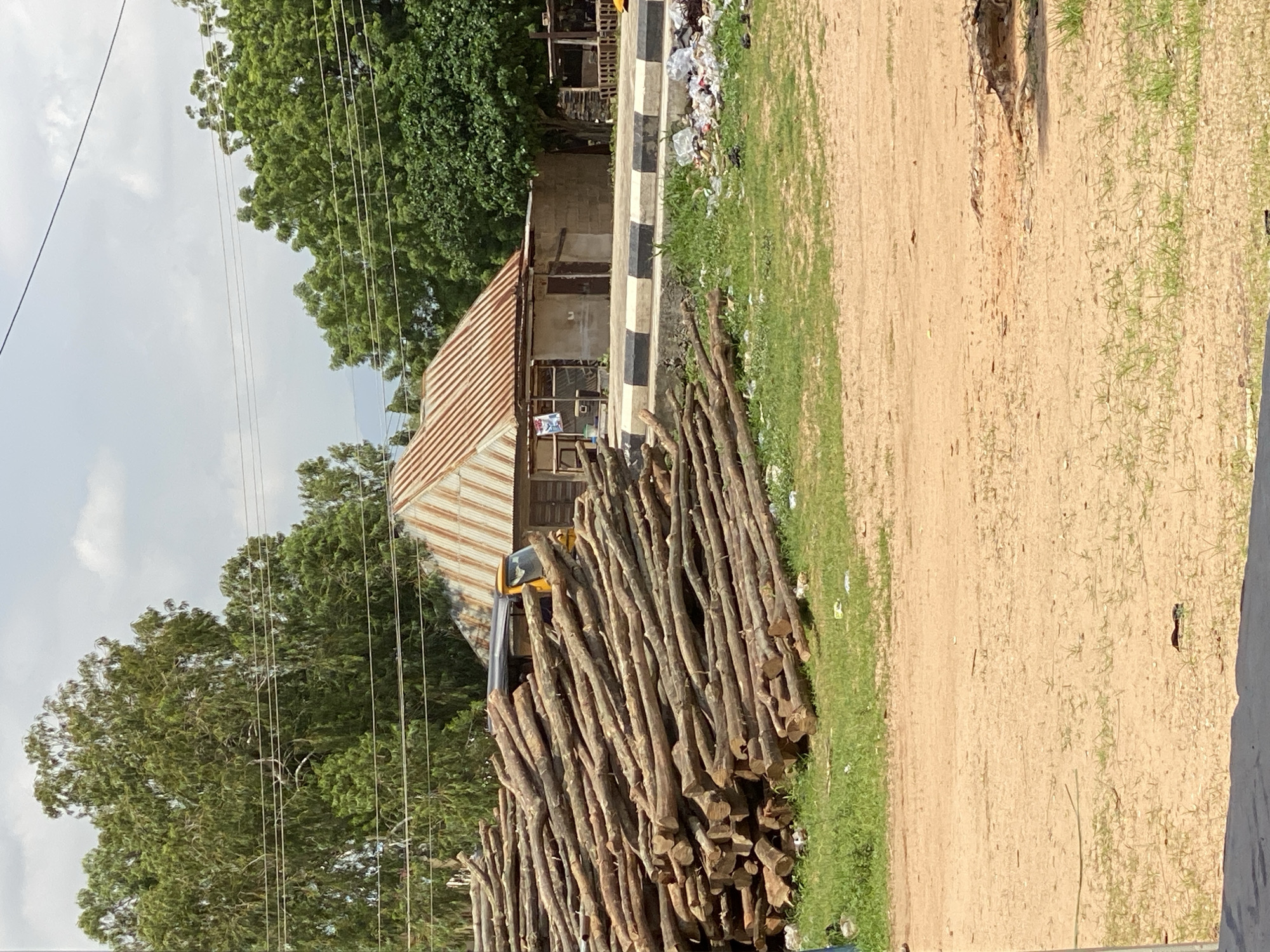 The image depicts an outdoor scene with a building and a pile of logs. The building appears to be made of concrete and has a corrugated metal roof. There are two doors visible on the front of the building. A yellow vehicle, possibly a truck, is parked in front of the building.
A large pile of cut logs is stacked in the foreground, extending along the side of a dirt road. The logs are of varying thicknesses and lengths, and appear to be raw, unprocessed wood. Next to the logs, a strip of grass grows, and beyond that, the sandy dirt road continues.
In the background, lush green trees are visible, suggesting a somewhat rural or semi-urban environment. The sky is cloudy, indicating it could be overcast or that rain might be expected. The lighting suggests it is daytime. Some scattered litter is visible along the edge of the road, near the building. There are also several power lines crisscrossing the upper part of the image.
No people are clearly visible in the image. The overall scene suggests an area where wood is being stored or processed, possibly for sale or construction. The location context of Jalingo, Nigeria, would place this scene within that region. No discernable text is visible in the image.