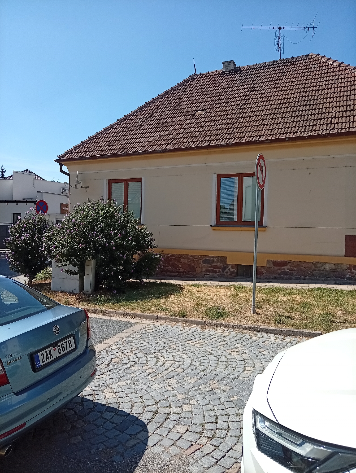 The image depicts a street scene in Tišnov, Czechia, on a clear, sunny day. In the foreground, the rear of a light blue Skoda Octavia is visible, parked on a cobblestone street. To the right, the front fender and headlight of a white car are partially visible. A traffic sign indicating "no left turn" stands beside a paved sidewalk. Behind the sidewalk, a low building with a tiled roof and cream-colored walls is present. Two flowering shrubs with purple blossoms are situated in front of the building, flanking a concrete pillar. The background reveals a clear blue sky and another building, suggesting an urban or suburban setting.