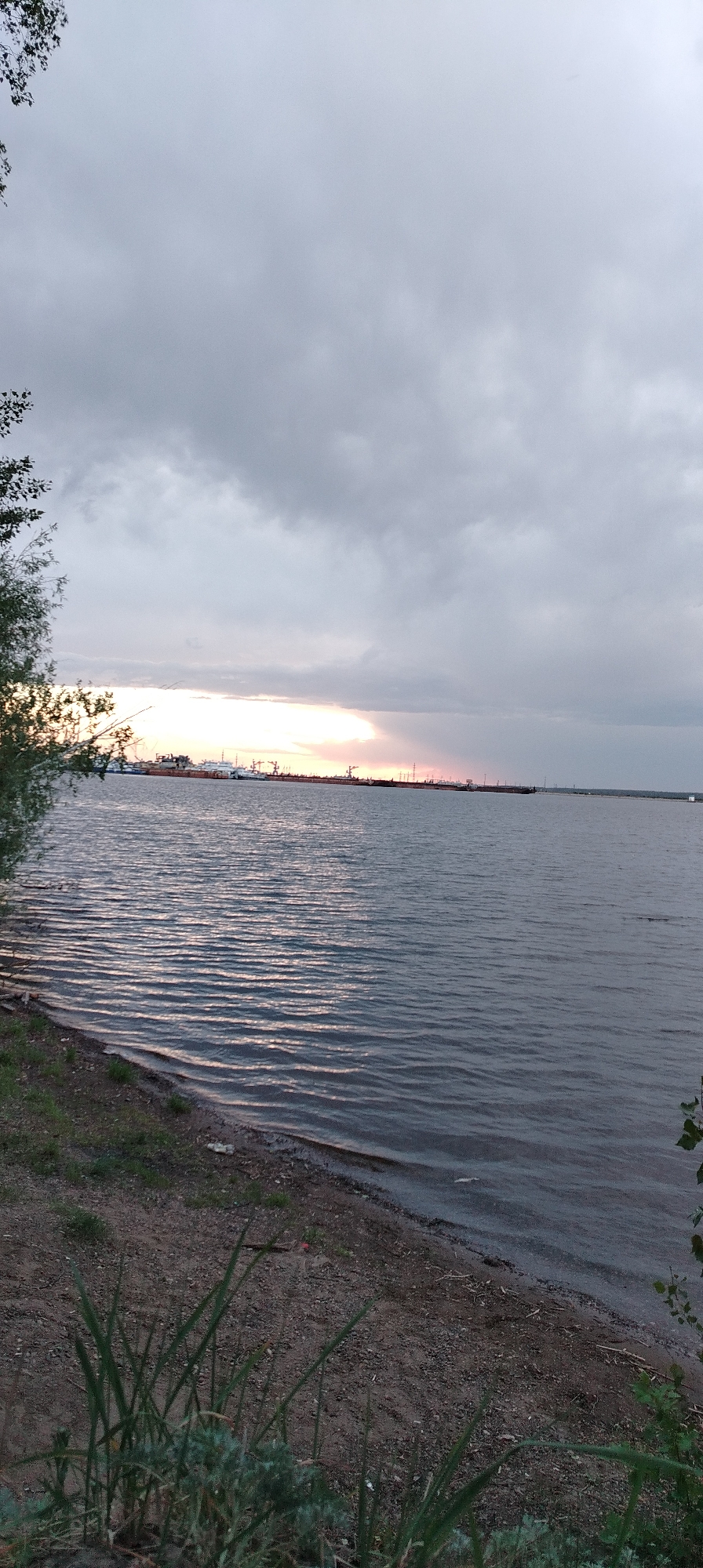 The image shows a body of water under a cloudy sky, likely taken at sunset. In the distance, a cityscape is visible, suggesting an urban area near the water. The foreground includes a shoreline with sand, soil, and some vegetation. The location is Chaikovsky, Russia. The scene depicts a calm, possibly overcast day.