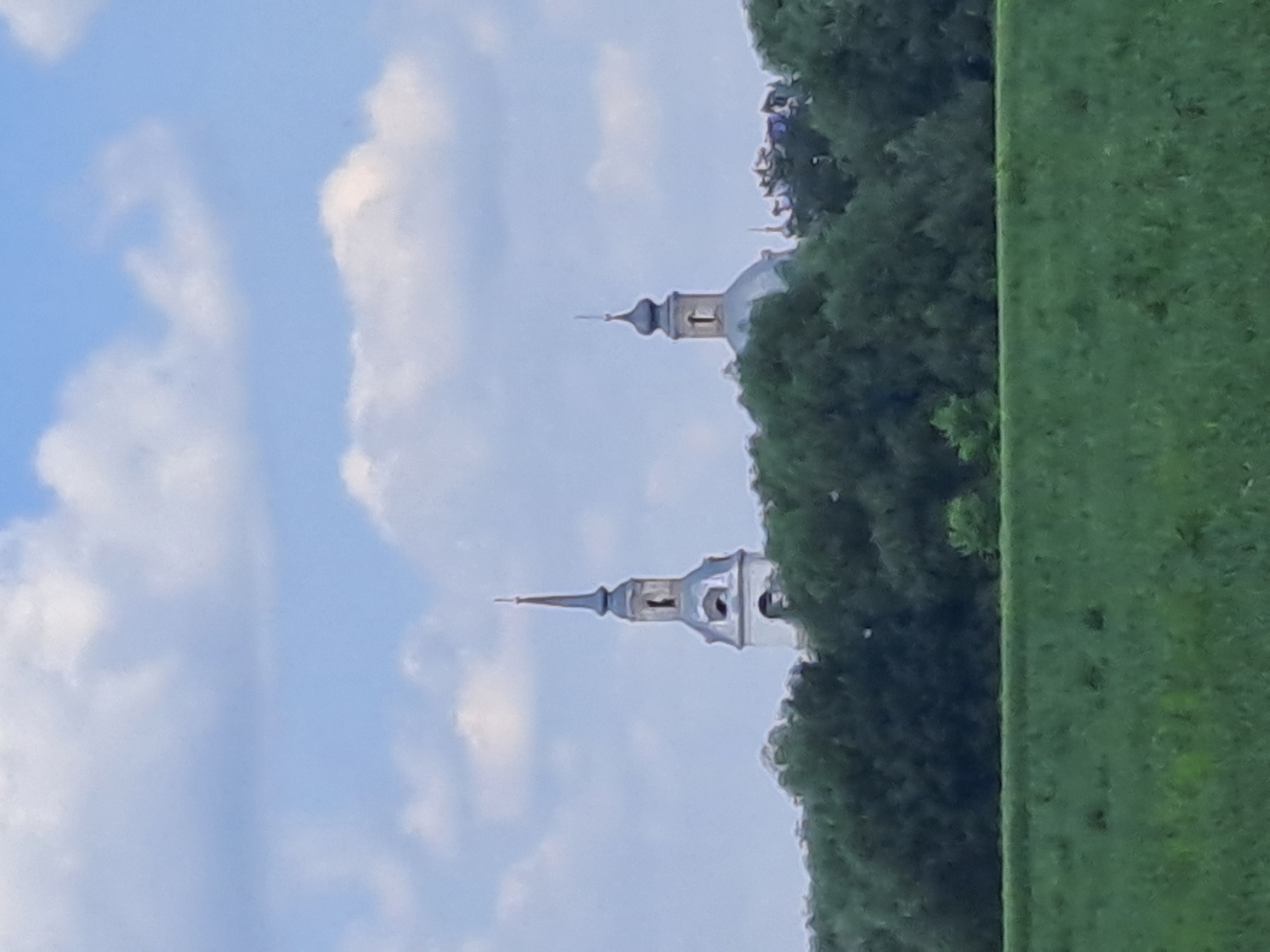 A distant view shows two church domes rising above a dense line of green trees under a cloudy sky in Dedinovo, Russia. A field of green grass occupies the foreground.
